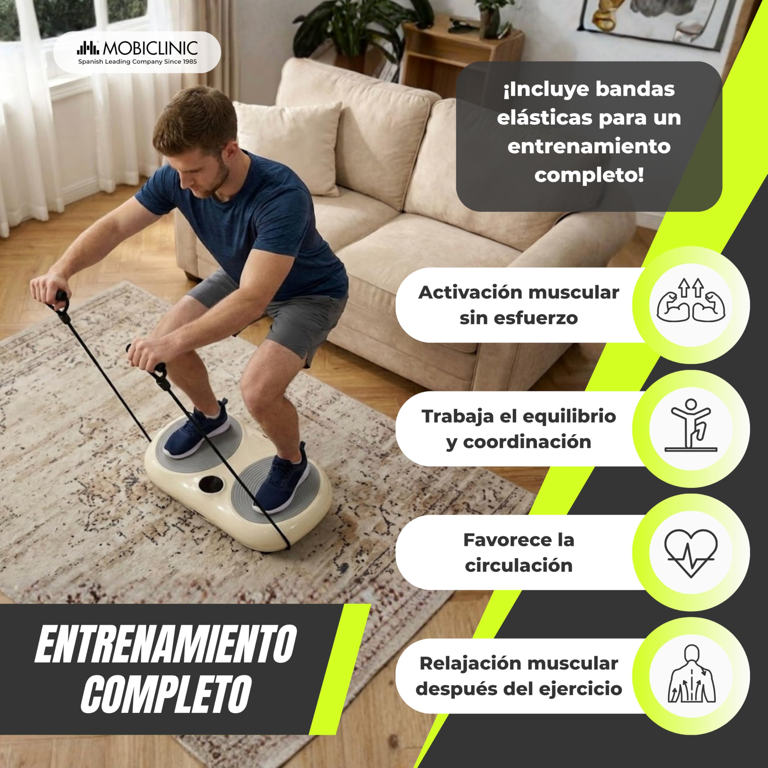 Mobiclinic®, Plataforma Vibratoria, 99 Niveles, 9 Programas de Entrenamiento, Bandas Elásticas y Mando, 200W, Tonificación y Entrenamiento Cuerpo Completo, Ideal para casa, hasta 150 kg, Karol
