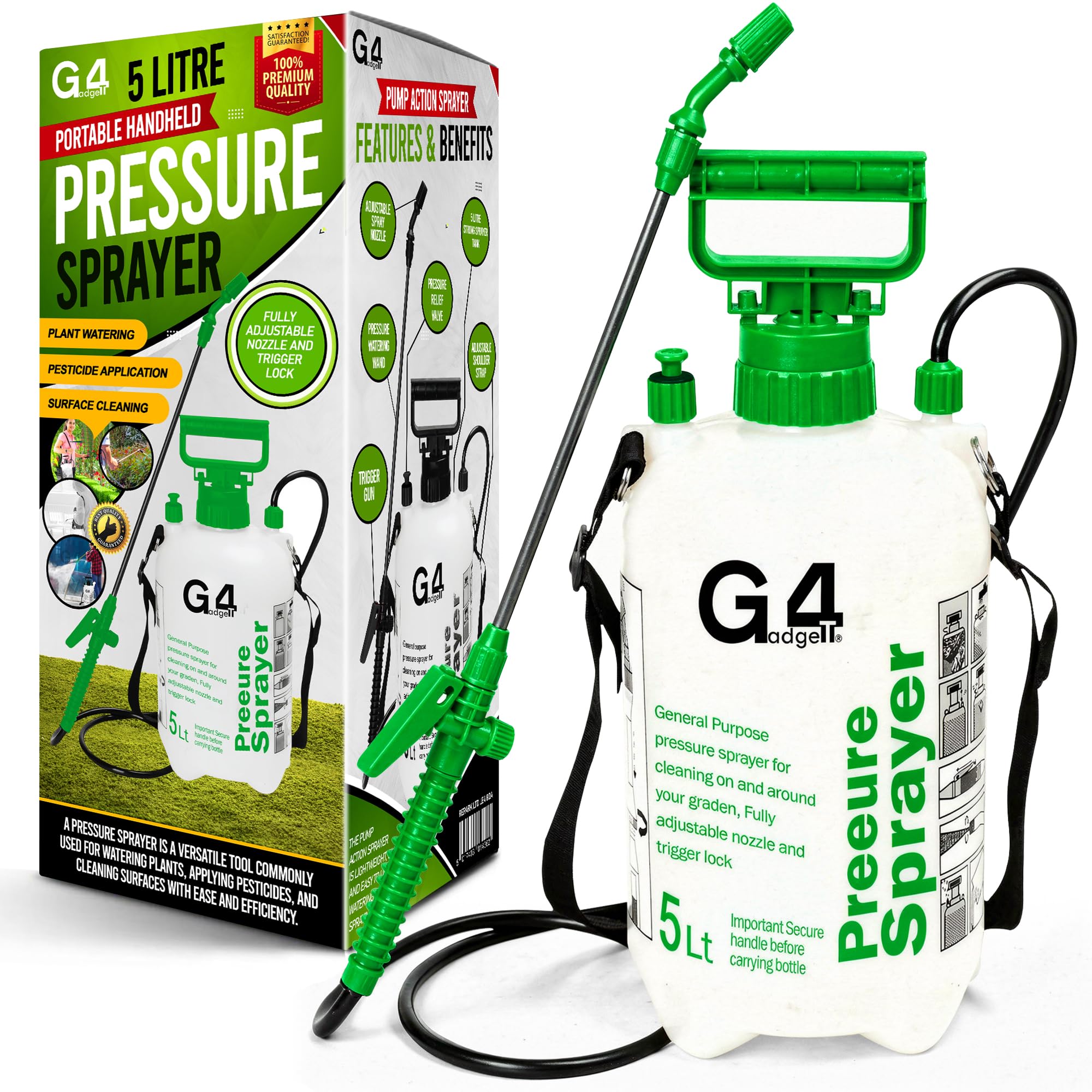 G4GADGET 5L Pump Action Pressure Sprayer – Adjustable Nozzle, Lockable Trigger & Shoulder Strap for Gardening, Cleaning, and Weed Killer — image 1