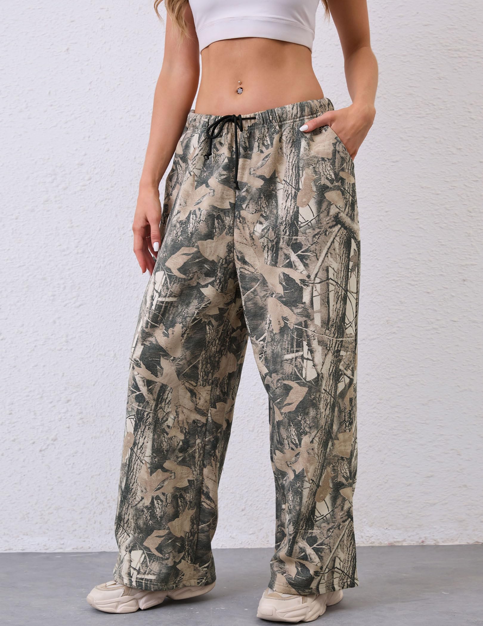 Eutten Women Wide Leg Camo Sweatpants High Waisted Drawstring Baggy Jogger Fleece Loose Sweat Pants with Pockets