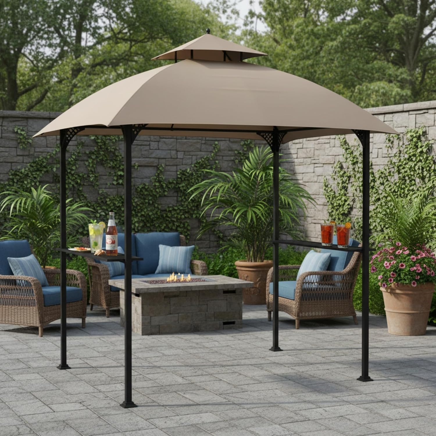 Garden Winds Reinforced RipLock 350 Replacement Canopy Top Cover Compatible with Windsor 8’ x 5’ Grill Gazebo Models L-GG054PST, A111000800 - Beige