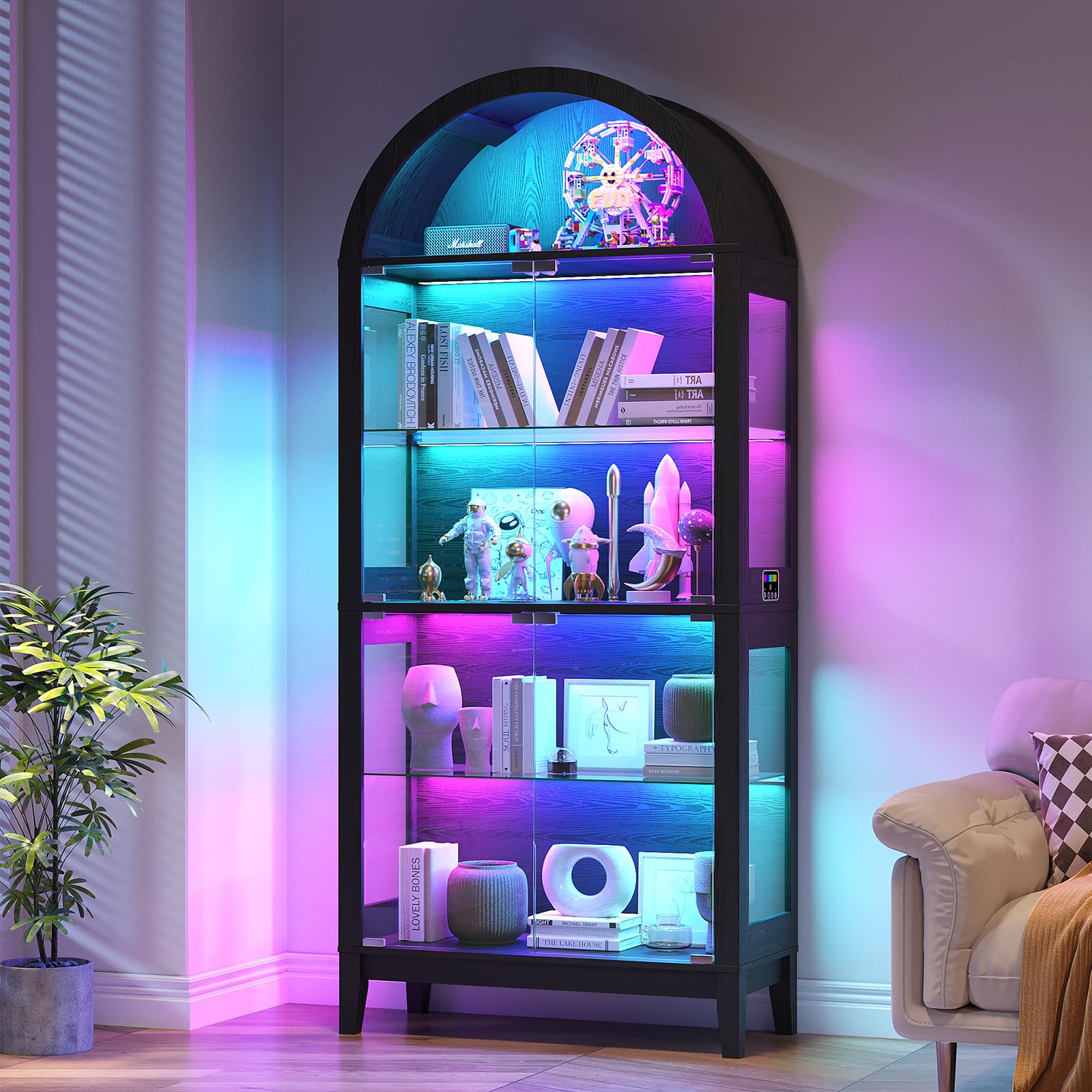 Gurexl RGB Arched Cabinet with Glass Doors and Removable shelves,Bookcase with Dynamic Colors,Floor Cabinets with Human Sensor for Collectibles,Curio,Figures,Model,Living Room,Bedroom,Black