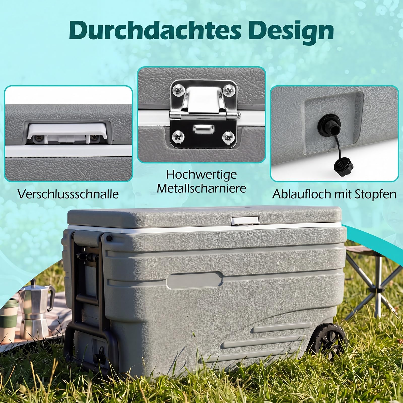 COSTWAY Tragbare Kühlbox auf Rollen, wetterfeste Isolierbox mit klappbarem Zuggriff & 2 leichtgängigen Rollen, Kühldauer bis zu 5-7 Tage, Outdoor Eiskühler für Camping, Angeln, Reisen, Picknick (80)