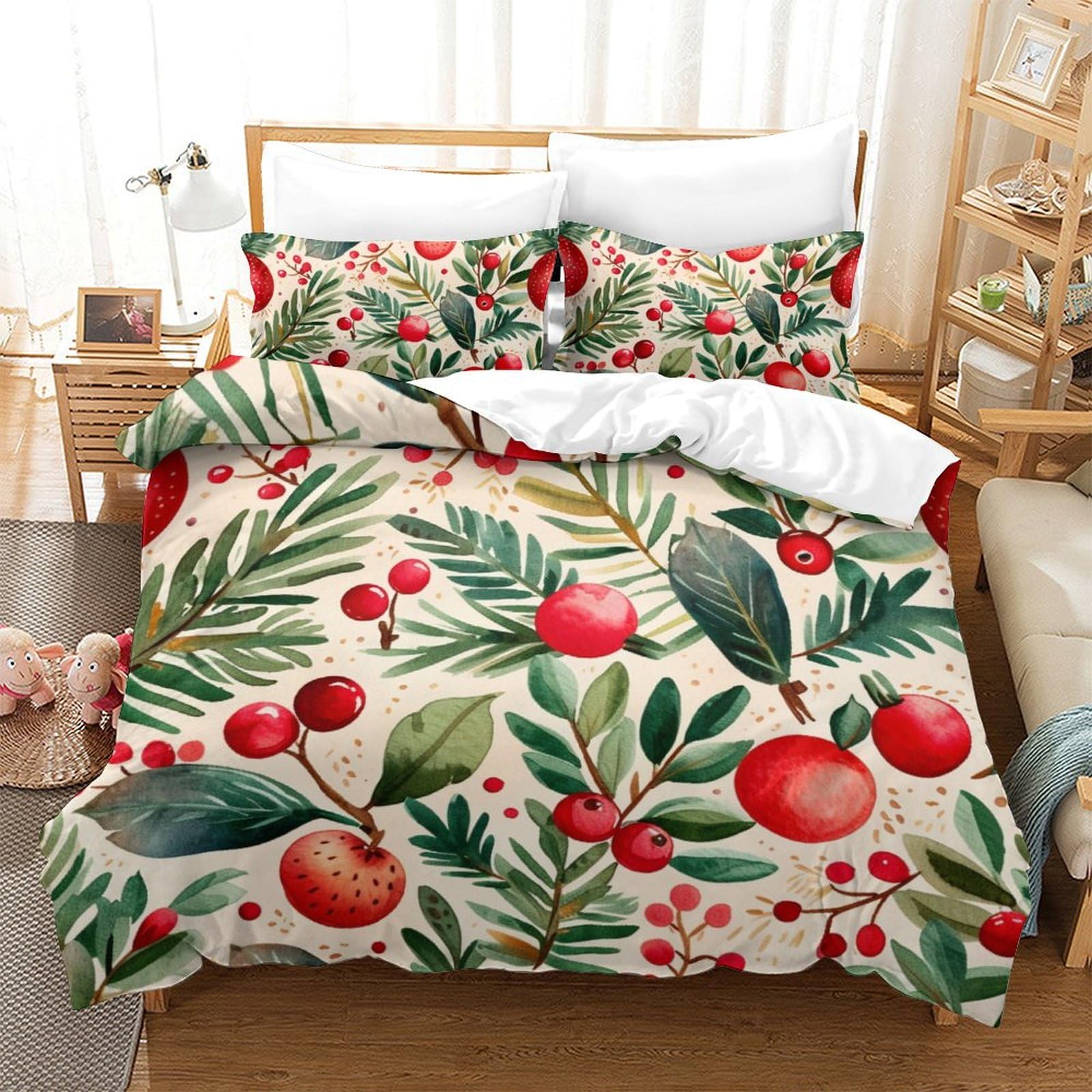 Housse de Couette 220x240cm Litchi avec Impression 3D et 2 Taies d'Oreiller