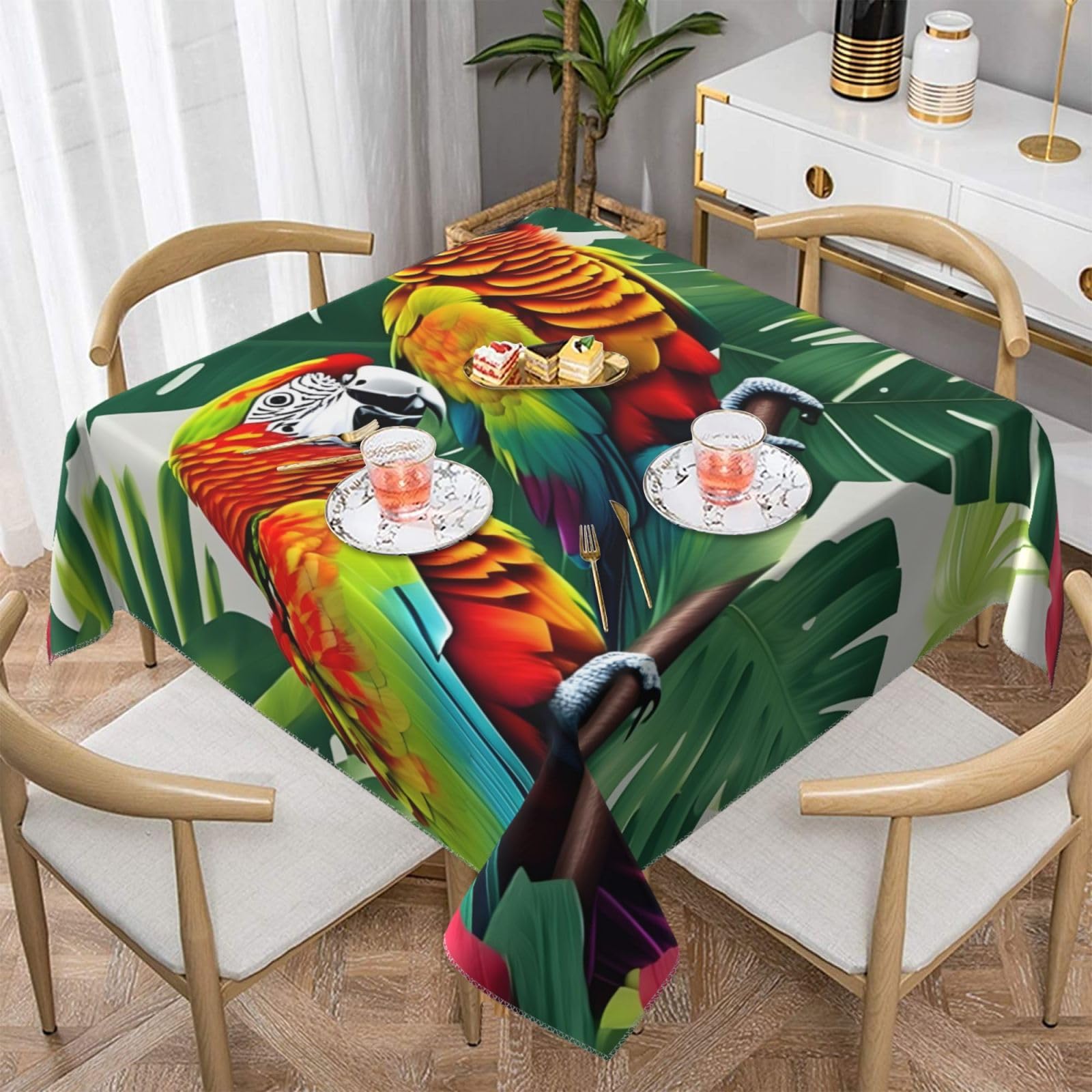 Nappe carrée anti plis imprimé perroquet pour embellir la table de salle à manger