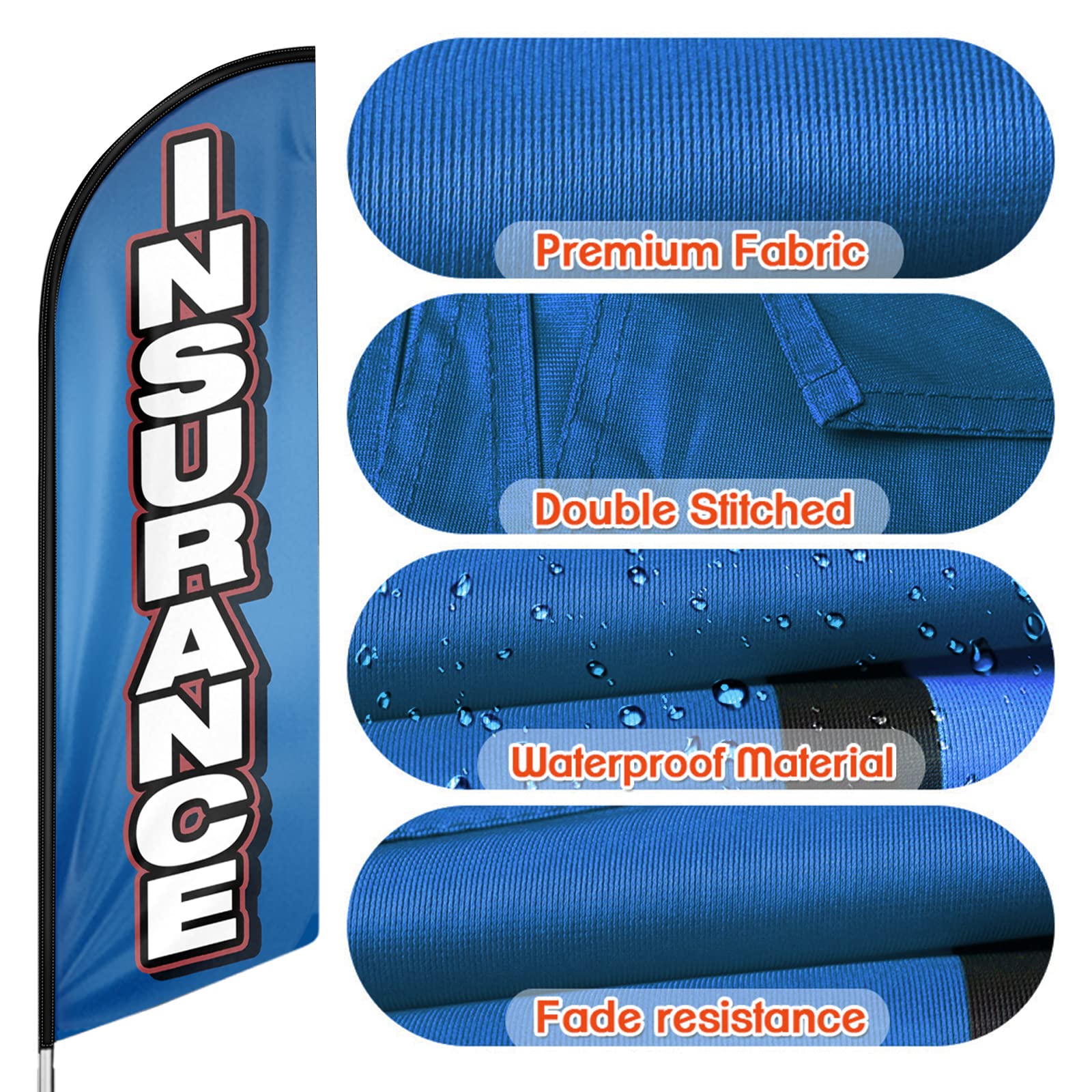 Bandera de seguro, banderas de seguro con kit de poste de 11 pies, bandera de seguro con juego de poste para negocios, bandera de plumas publicitarias para negocios de seguros, azul