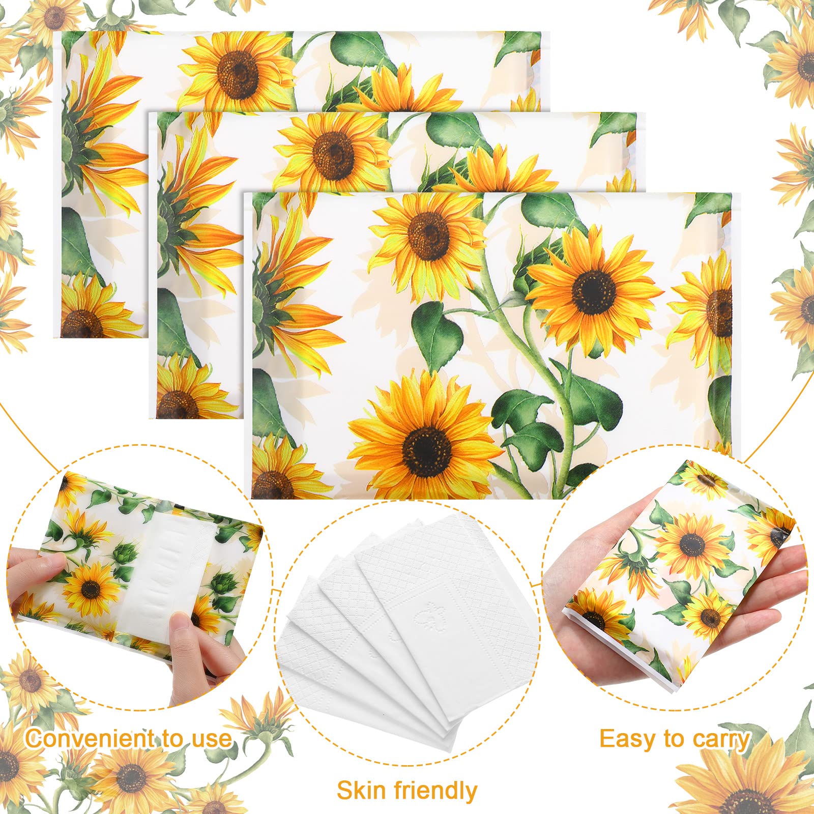 PerKoop 1000 hojas de pañuelos faciales desechables delgados de 3 capas de papel higiénico de viaje de bolsillo para bolso de invitados, cartera, escuela, fiesta en casa, paquete de 100 (girasol)