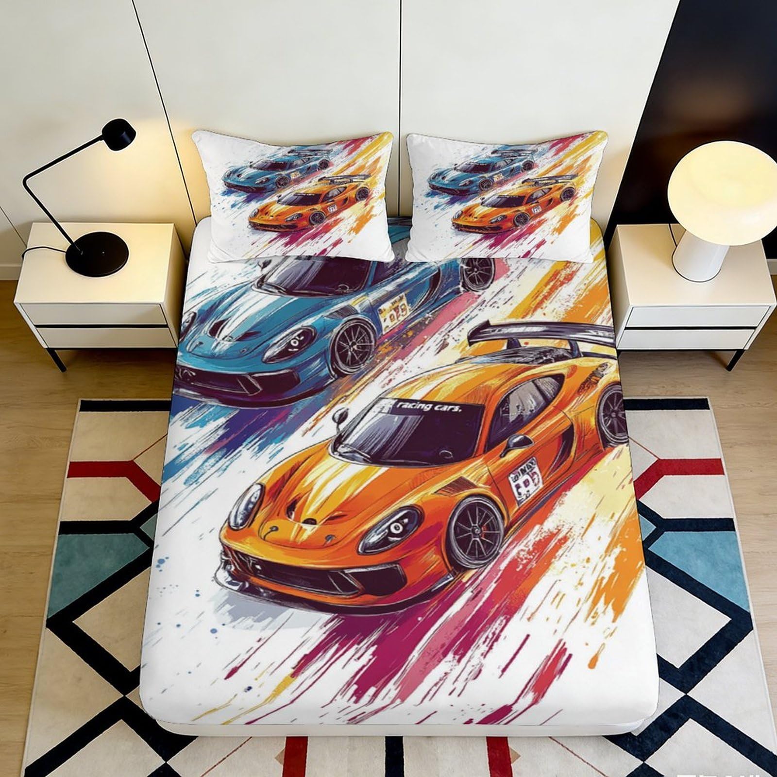 3D Printed Racing Cars Fitted Sheet Microfiber Deep Pocket Bedroom Bedding Racing Mattress Fitted Cover Non-Slip Washable for Adults Teens 90x200x25cm