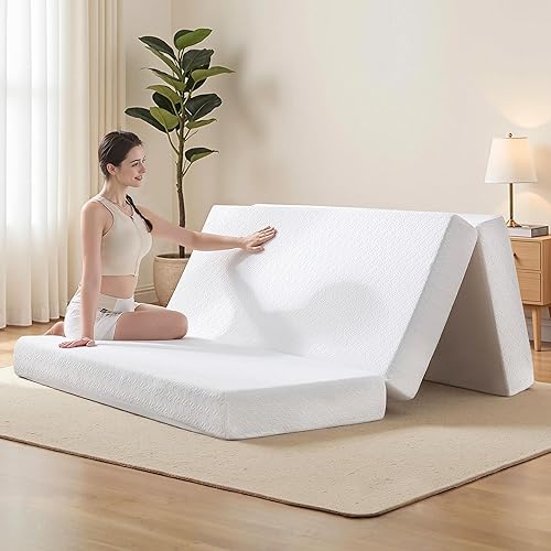 Colchón Queen de espuma viscoelástica de tres pliegues de 6 pulgadas, cama plegable portátil con funda extraíble lavable, colchón de piso para