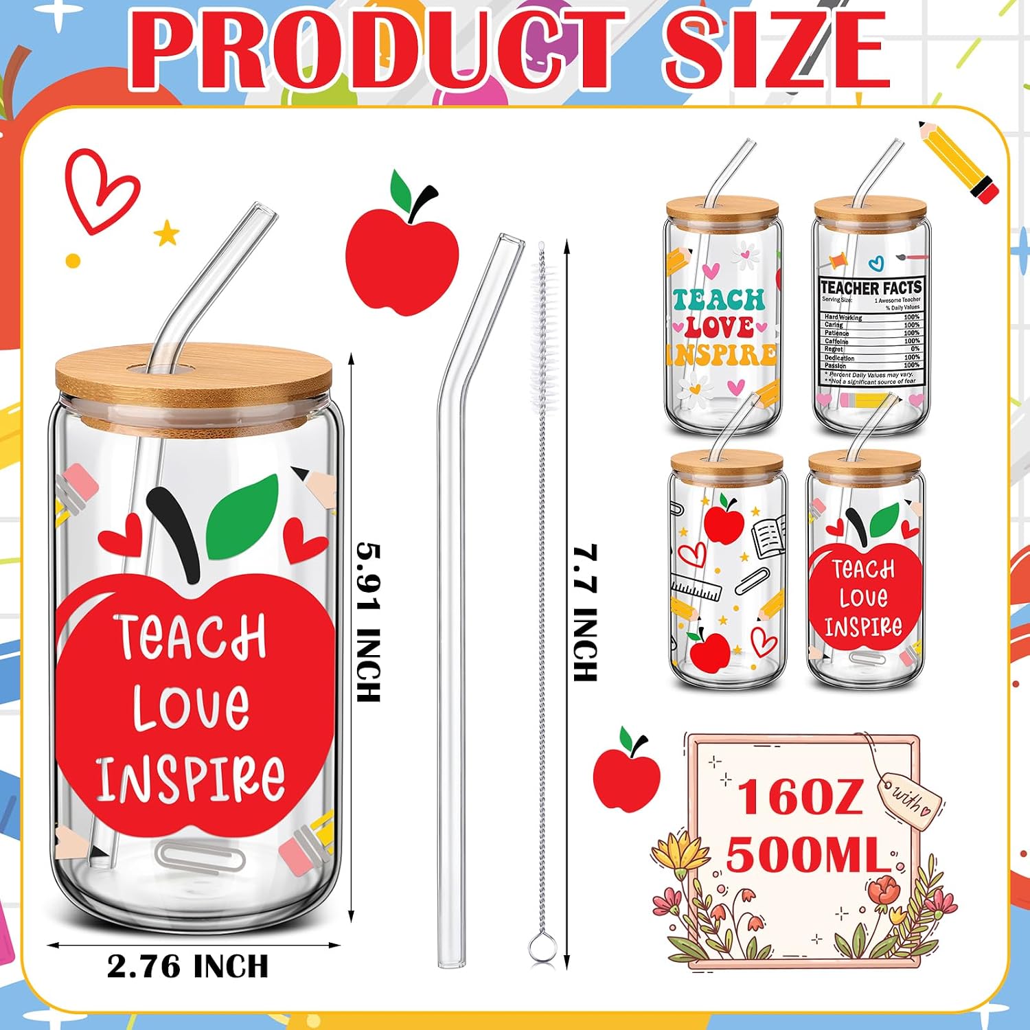 SiliFine 4 Pcs Apple Teacher Glass Tumblers, 16 oz Back to School Gifts image 3