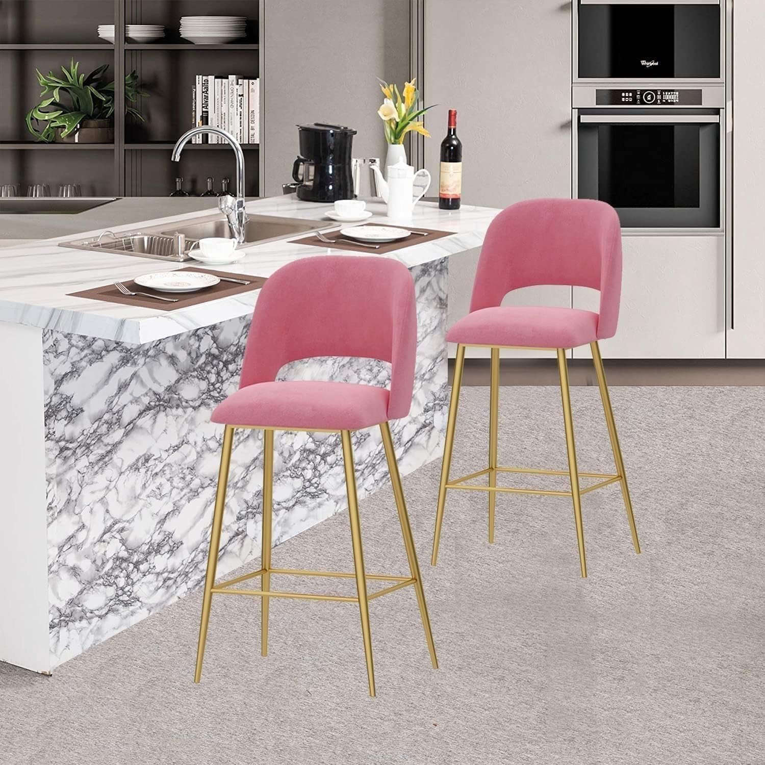 Taburete de Bar Moderno de Terciopelo, 1 Unidad, Altura de mostrador con Respaldo y Patas de Metal Dorado para Cocina.