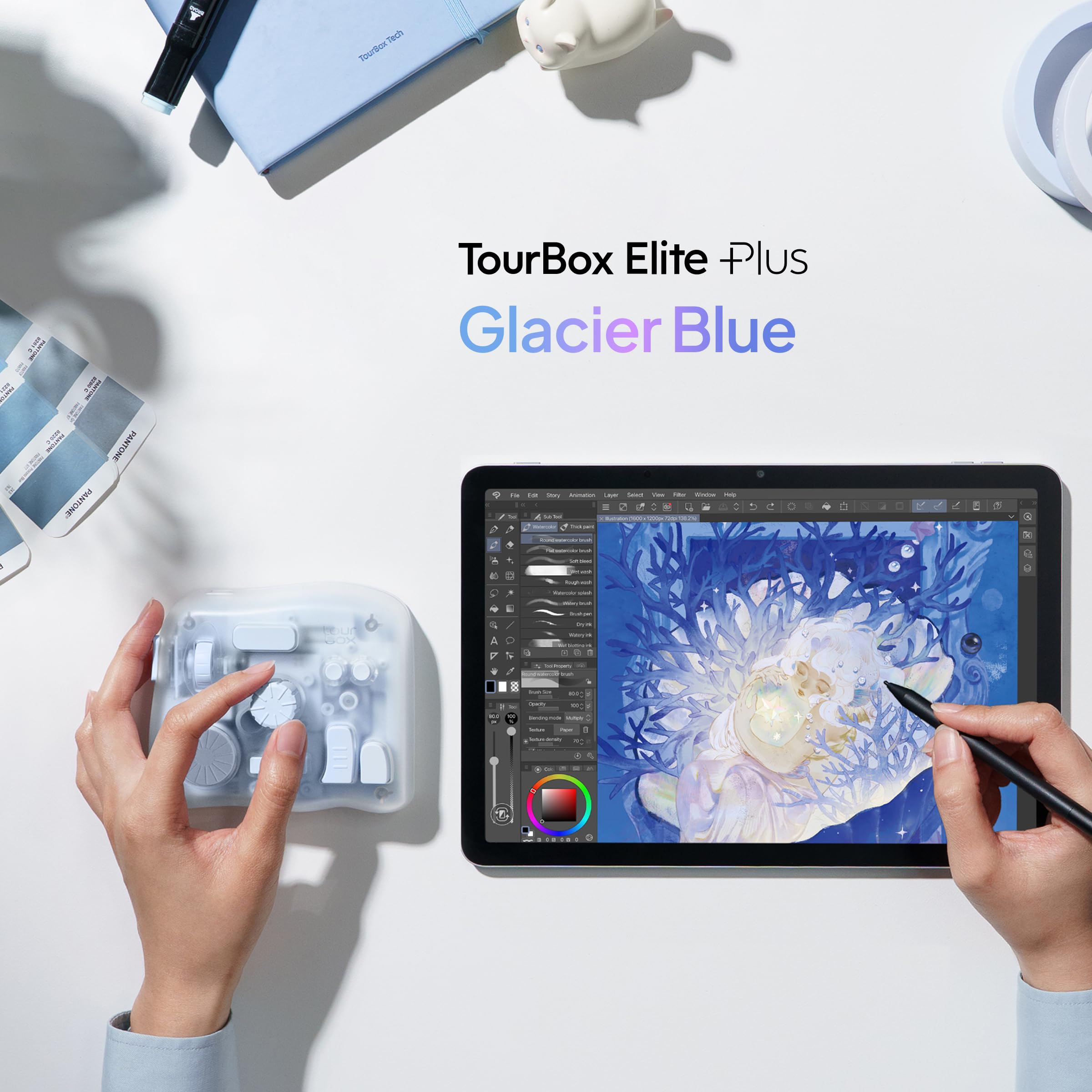 TOUR BOX Elite Plus - iPad Drawing Bluetooth Controller, Video Editing Photo Color Grading Speed Editor, Programmable Creative Console Keyboard for DaVinci Procreate Adobe Softwares and More: Glacier Blue Elite Plus (Device+Cable+Bag)