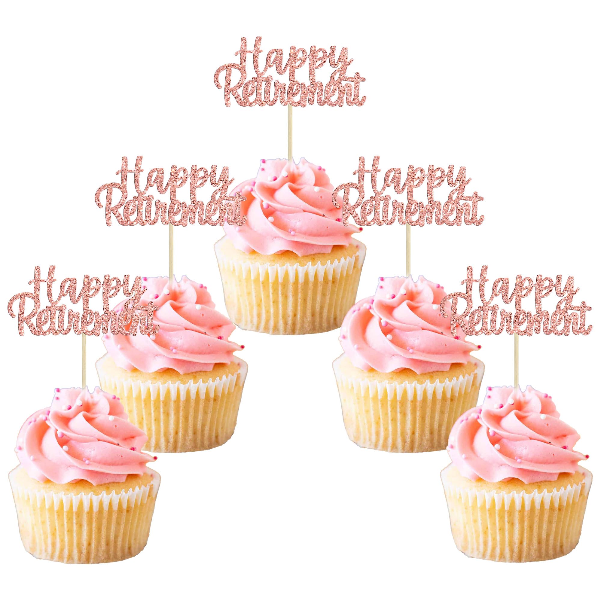 Gyufise 36 Pack Happy Retirement Cupcake Toppers Glitter Retired Cupcake Picks Retirement Theme Birthday Party Cake Decorations Rose Gold