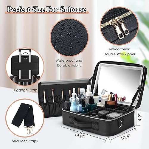 Miniatura 2 de Bolsa de maquillaje de viaje con luz LED, estuche de maquillaje con espejo, 3 ajustes de color, caja de maquillaje cosmética, estuche organizador de