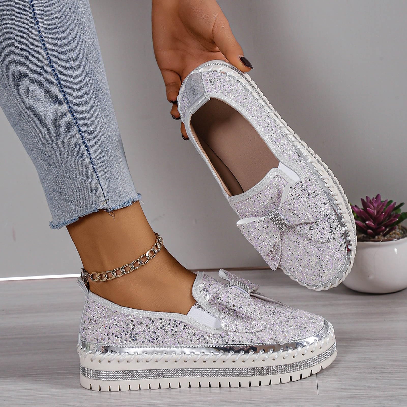 Womens Trainers - Zapatos casuales con lazo de lentejuelas para mujer