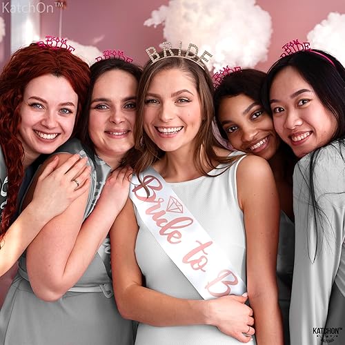 Miniatura 6 de KatchOn, Corona de novia de oro rosa y banda para novia - Paquete de 2  Diadema de novia con banda para decoración de fiesta de novia  Diadema de