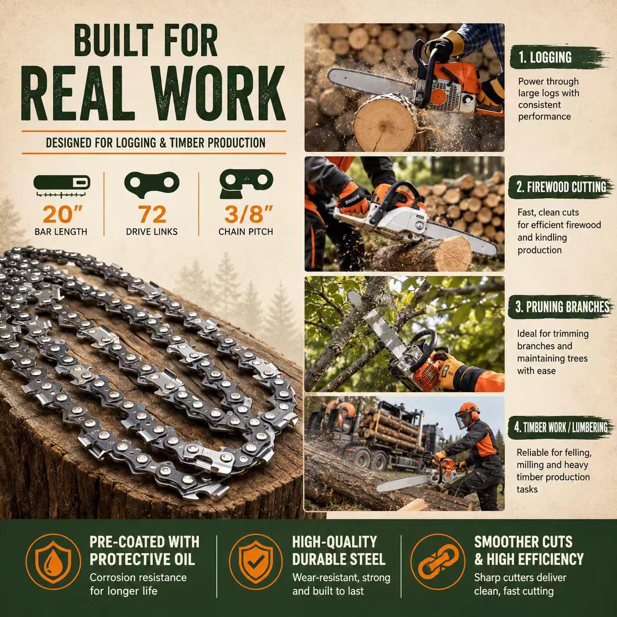Paquete de 3 cadenas de motosierra de 20 pulgadas, 72 eslabones de transmisión, paso de 3/8 pulgadas, calibre de 0.050 pulgadas, compatible con Husqvarna 455, Poulan PR5020, Stihl MS 260