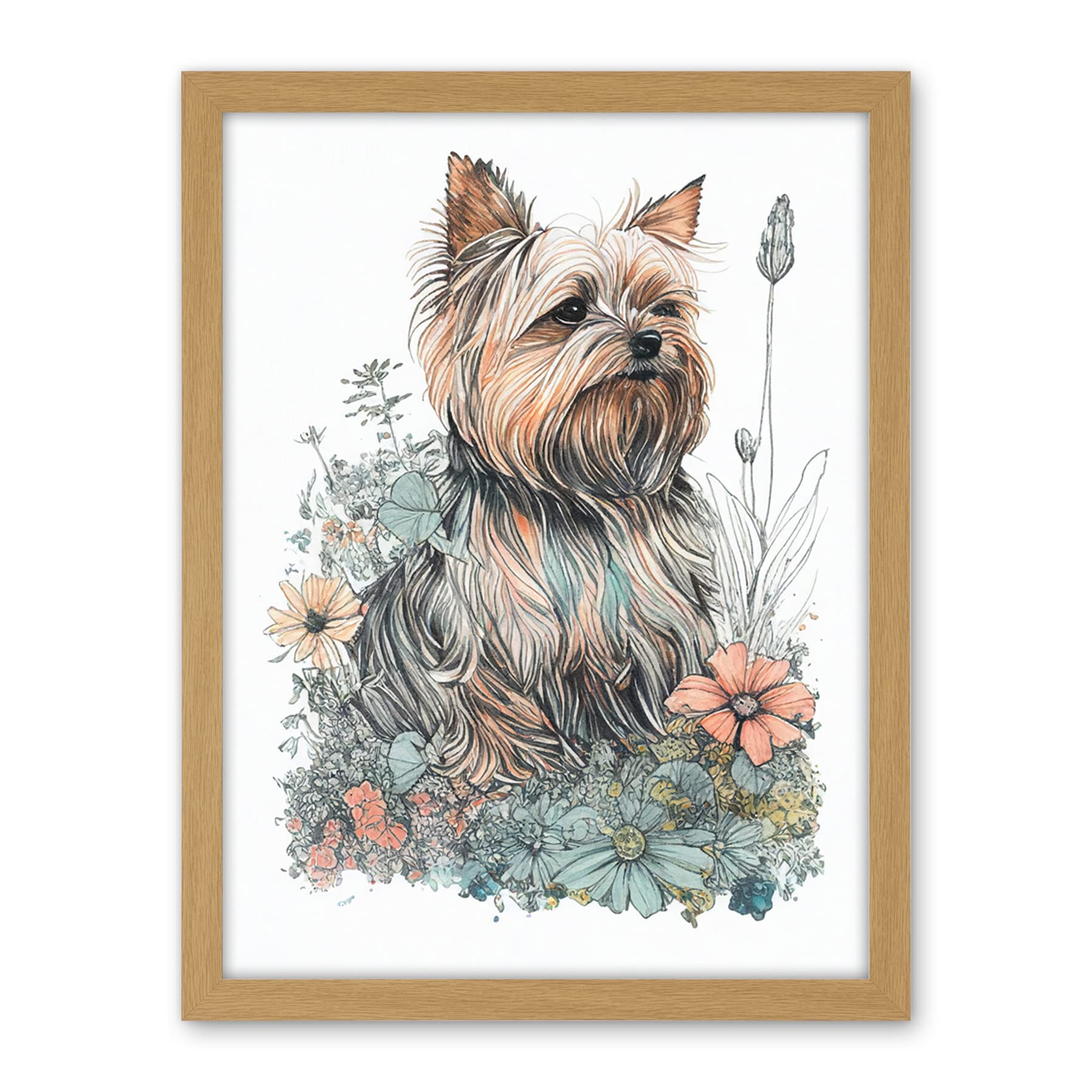 Artery8 Yorkshire Terrier Dog in Wildflowers Bright Watercolour Illustration Artwork Framed Wall Art Print 18X24 Inch