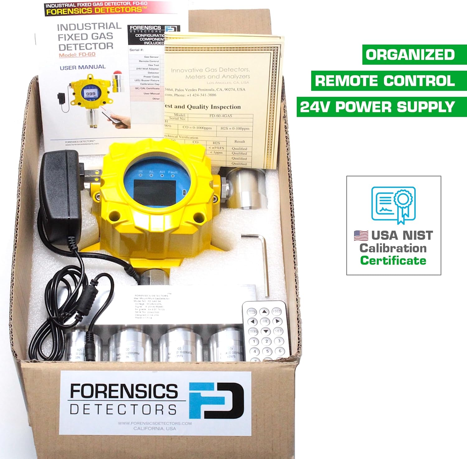 4 Gas Monitor Detector by Forensics | Wall Mount | CO, H2S, O2, EX LEL Continuous Monitoring | USA NIST Traceable Calibration | Adjustable Sound & Light Alarms | Relay Output |