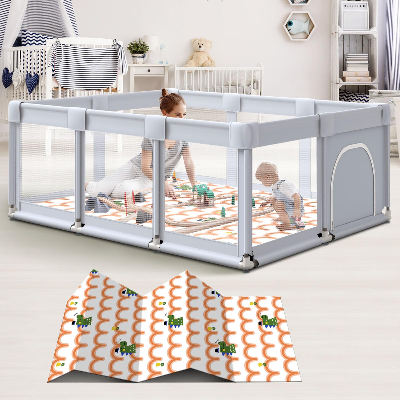 Hiaksedt Baby Playpen 74"x50" Play Pens for Babies and Toddlers, Large Play Yards for Indoor & Outdoor with Zipper Gates, Breathable Mesh with Mat