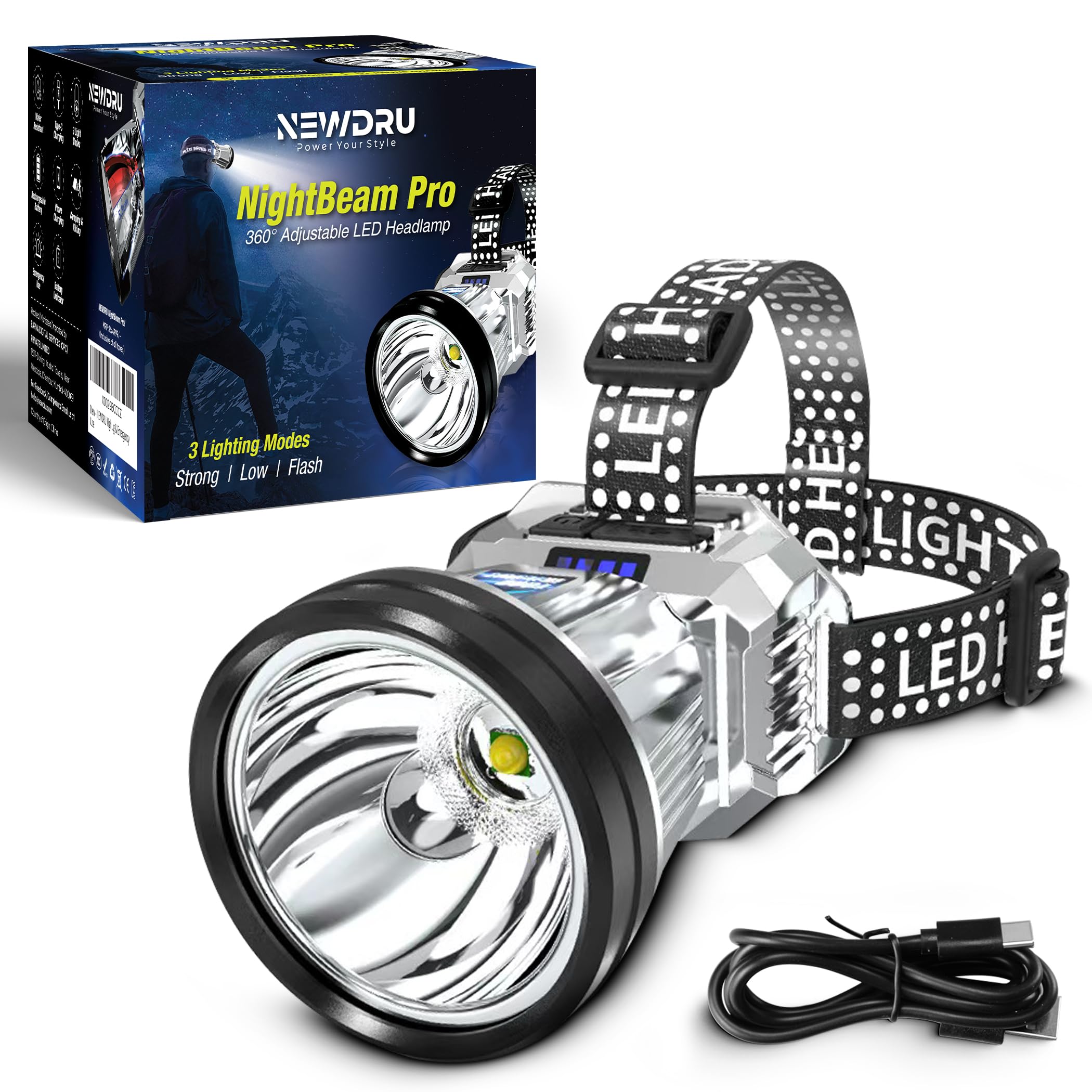 NEWDRU NightBeam Pro – 360° Adjustable LED Headlamp | Ultra-Bright, Rechargeable & Water-Resistant | 3 Light Modes for Camping, Hiking & Emergency Use