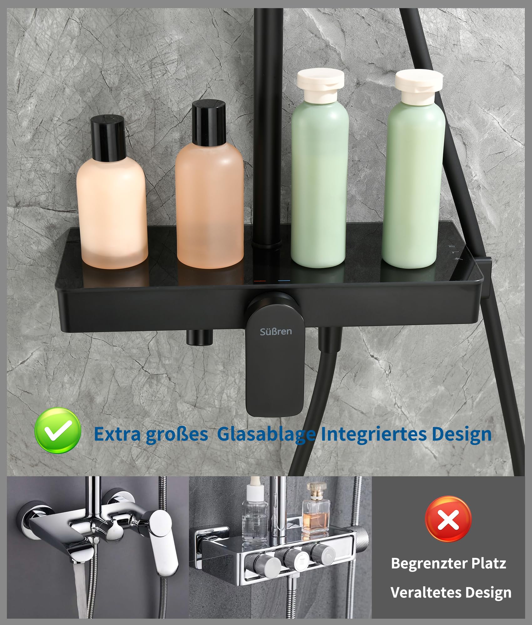 Duschsystem Schwarz ohne Thermostat,HöHenverstellbar Duscharmatur Komplettset 360° Drehung Regendusche Mit Armatur,Handbrause Mit Drei SprüHmodi,35×14cm Glasablage,33×21cm GroßEr Regendusche