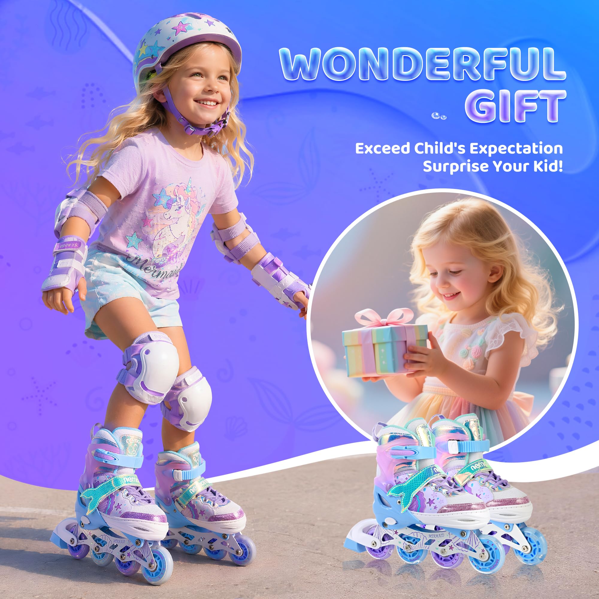 NEMONE Inliner für Mädchen 4 Größen Verstellbar Blau Violett für Kinder Drinnen und Draußen