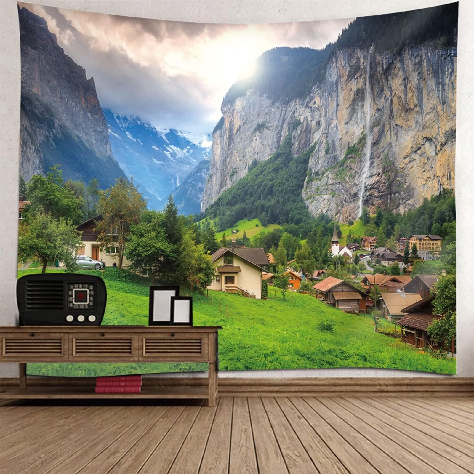 Tolldek Dywan ścienny zielony, 300 x 256 cm, naturalny krajobraz, ozdoba na ścianę, wioska, góra, gobelin, chusta ścienna z naturą, dekoracja domu