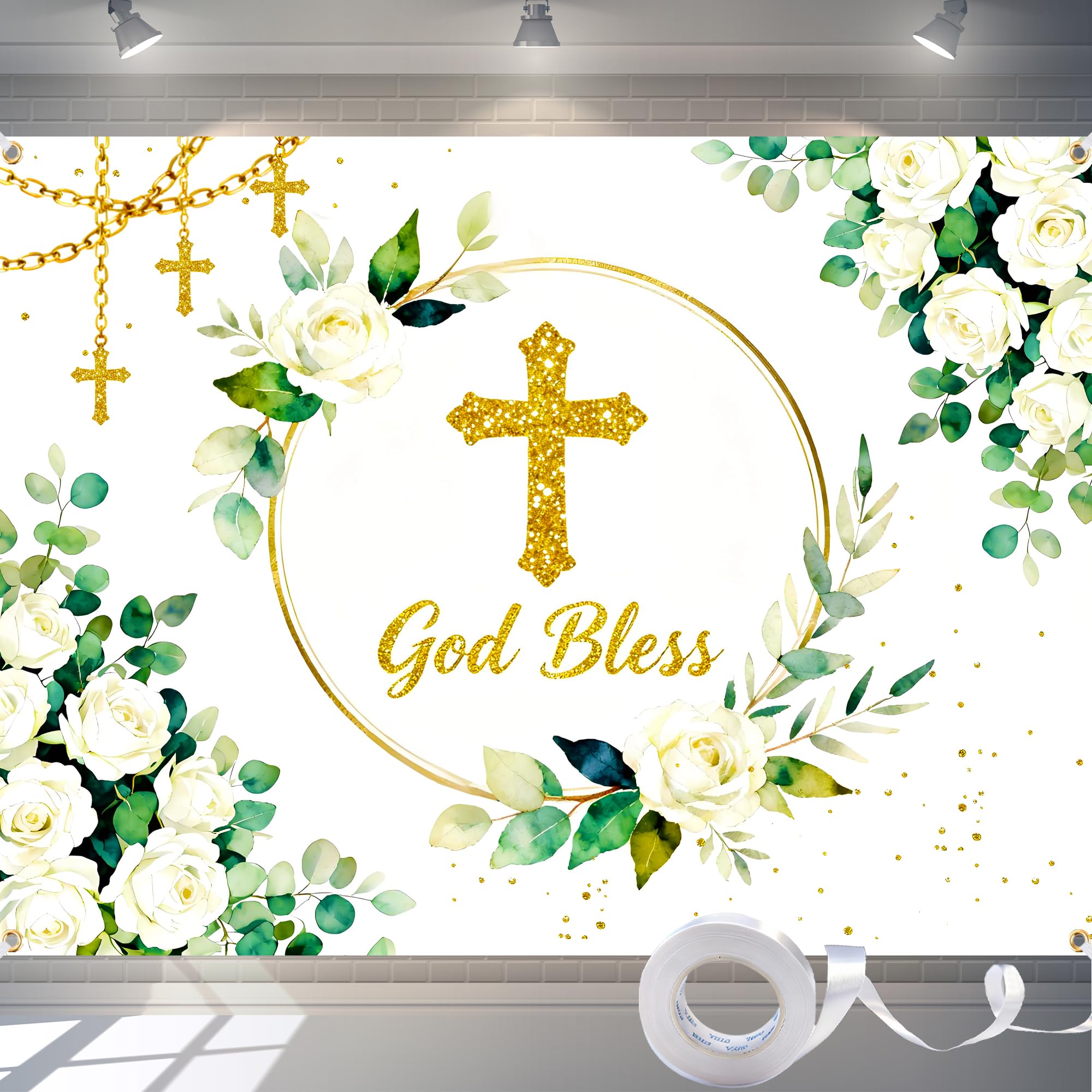 Greenery God Bless Backdrop 8x6FT – First Holy Communion Baptism Decorations Background with Eucalyptus Leaves, Christening Baby Shower Photography Banner with 32.8ft Ribbon