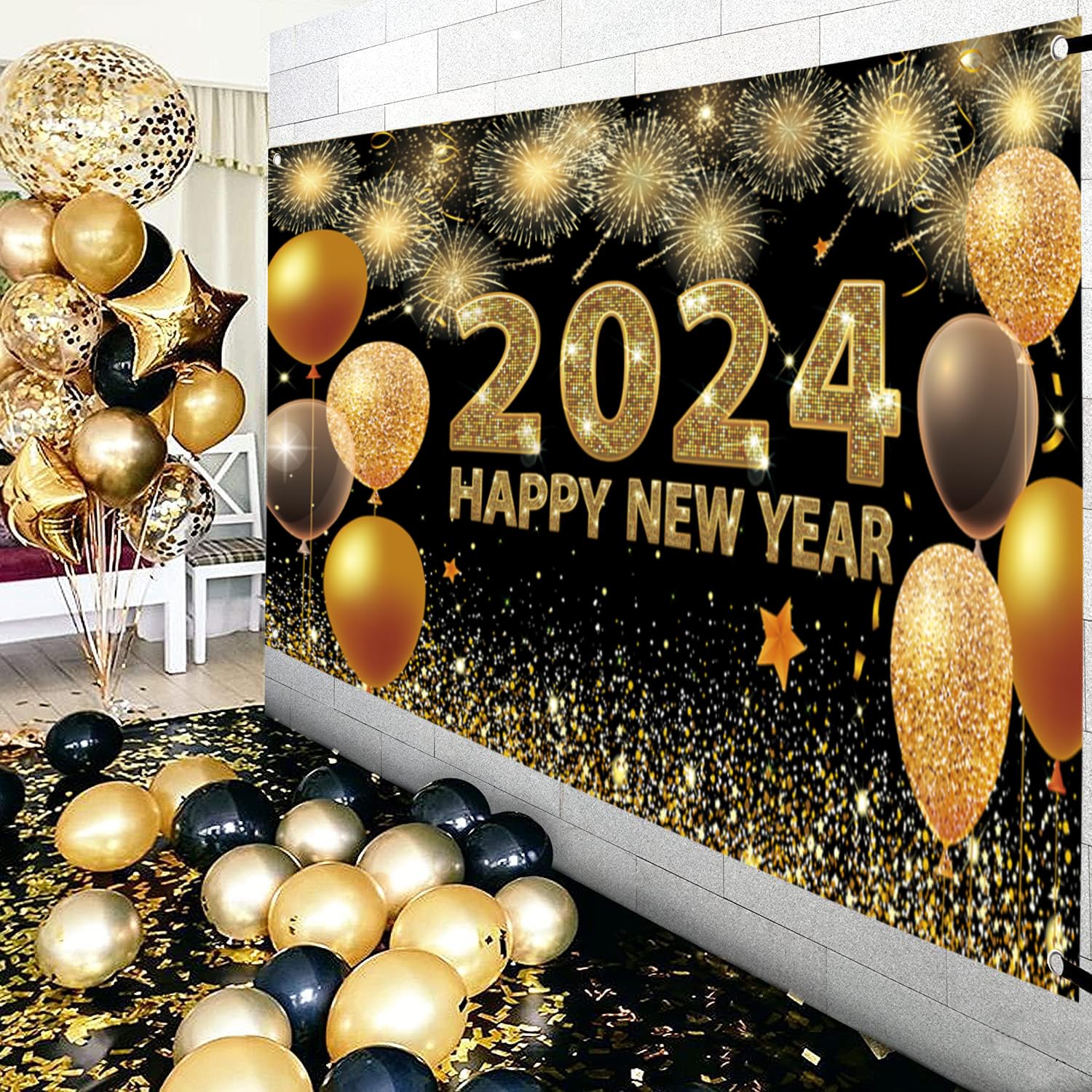 Happy New Year Banner 2024 Extra Large 73×43 Inch, Black and Gold Happy ...