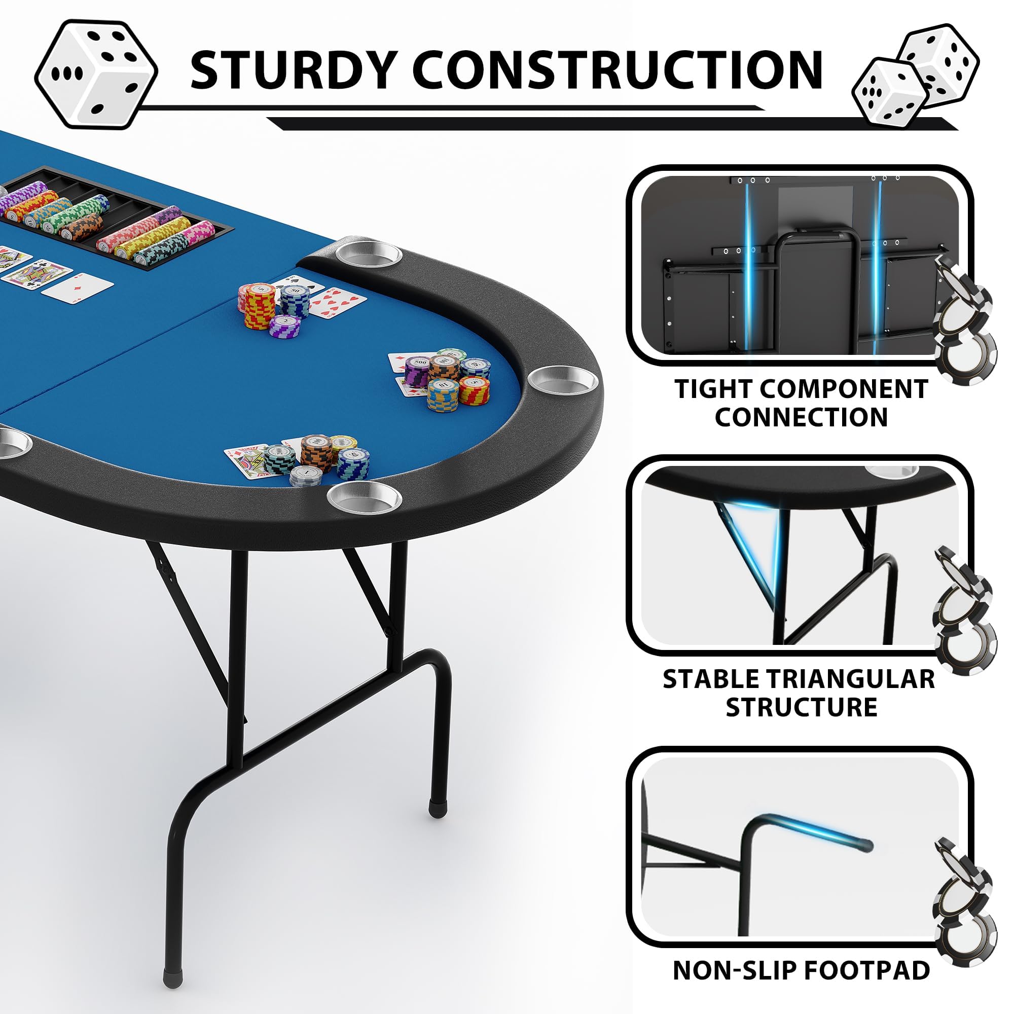 Garvee Klappbarer Pokertisch für 8-10 Personen, Ovaler Casino Spieltisch mit Blauem Filz, 207x106x75cm