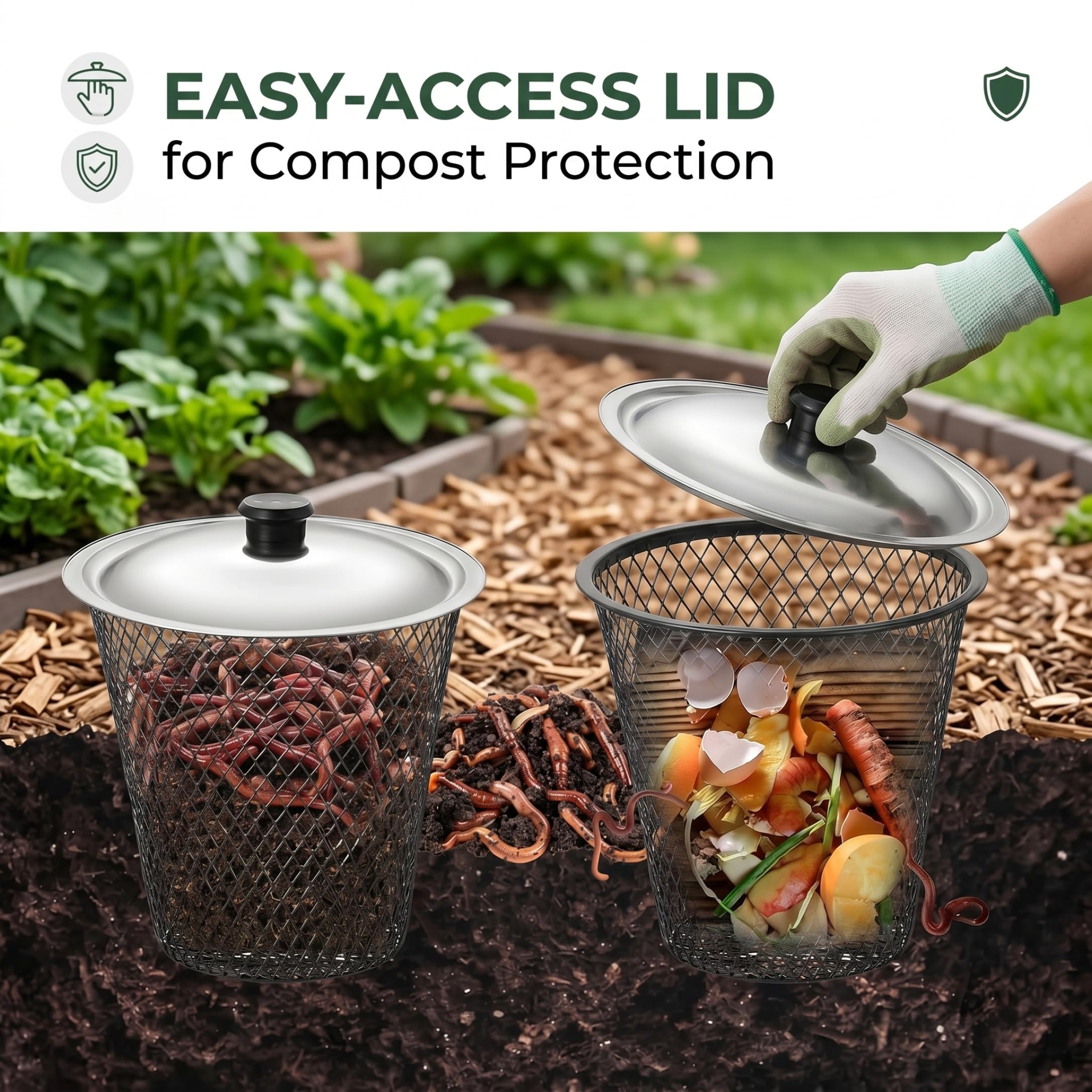 Kit de composteur de vers en Maille métallique avec Couvercle dans Le Sol, idéal pour Le compostage Jardin extérieur, 4 pièces
