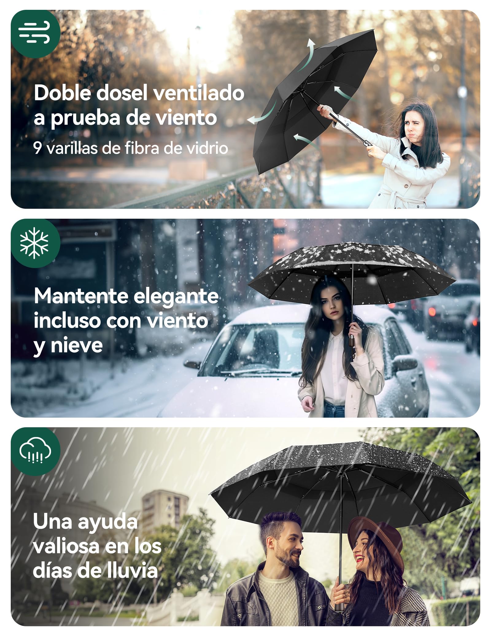 TECKNET Kompaktowy automatyczny parasol, solidny podróżny dla mężczyzn, powłoka teflonowa 210T, odporna na burzę, podwójny wiatroszczelny dach, uchwyt z drewna, czarny, XL