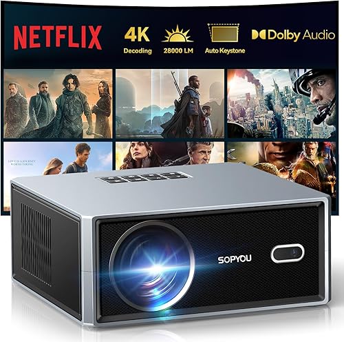 Proyector inteligente Netflix con WiFi y Bluetooth, proyector de películas para exteriores SOPYOU 4K con aplicaciones máx. 450 pulgadas, enfoque