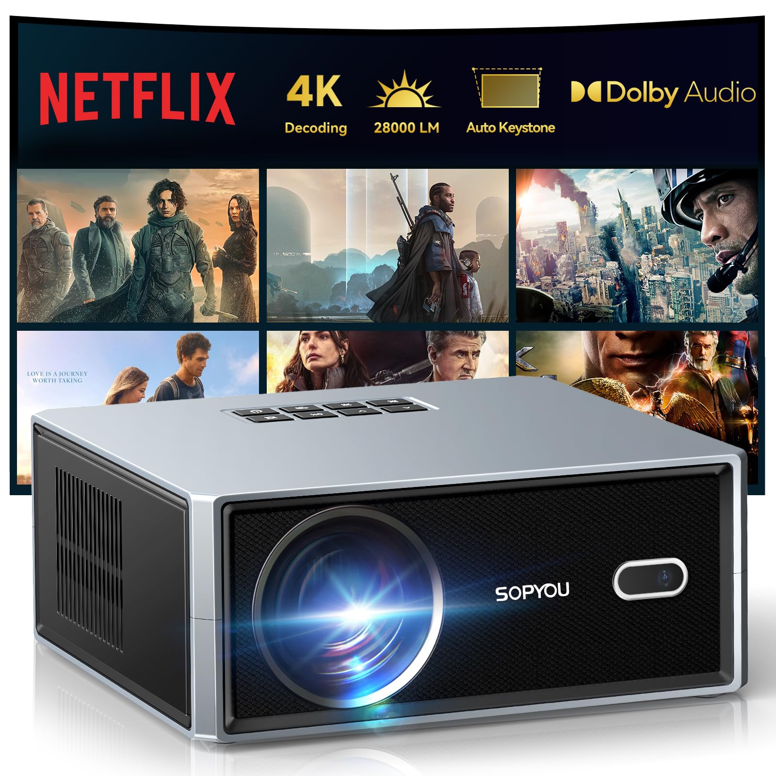 [Built-in Apps] Smart Projector with WiFi and Bluetooth, SOPYOU Outdoor Movie Projector 4K Decodes Max 450", Electric Focus & Auto Keystone, Built-in