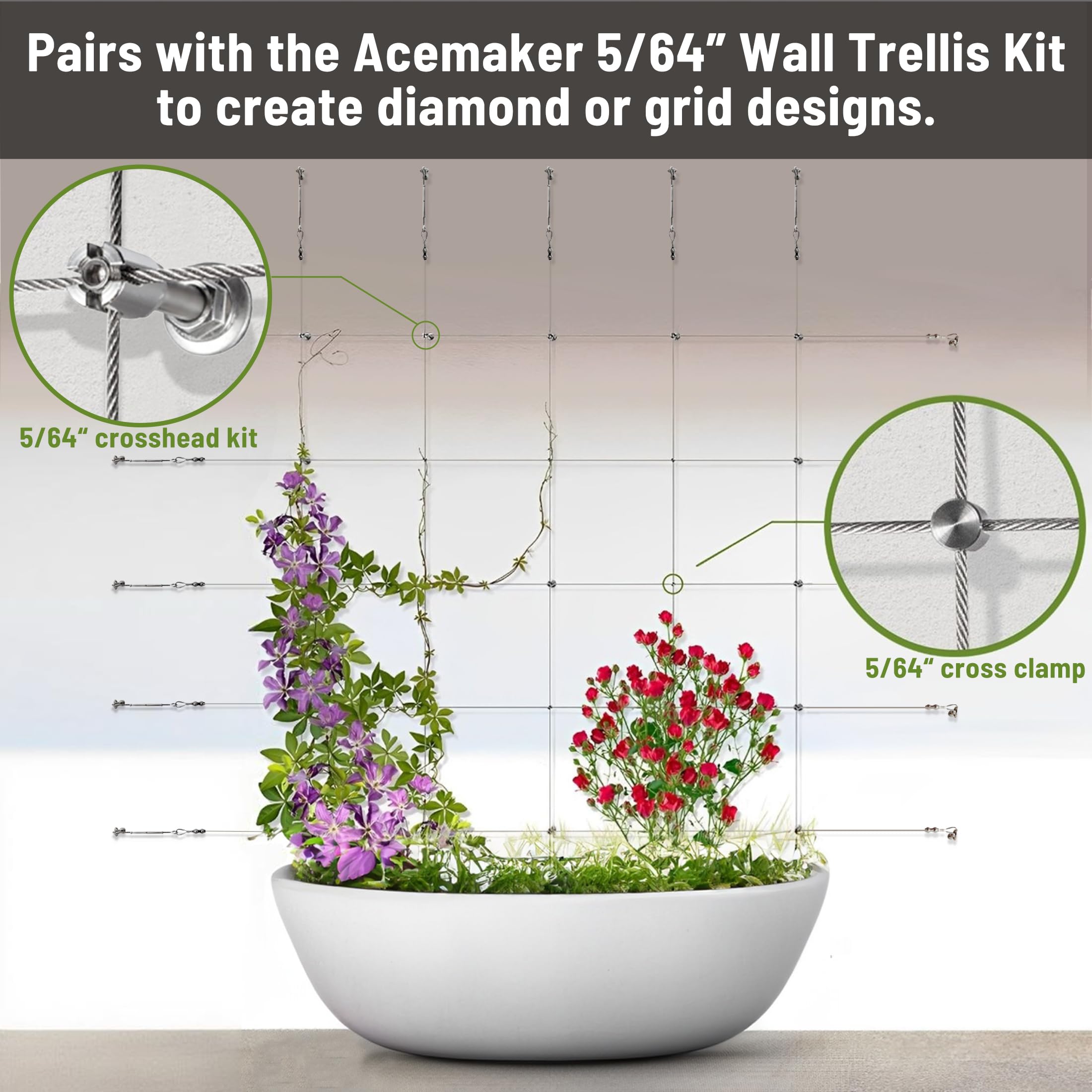Kit di tralicci in filo metallico tensionato, cavo da 2 mm x 45,7 m, con tenditori in acciaio inox T316, per piante rampicanti all'aperto, sistema a spalliera per recinzioni e giardini
