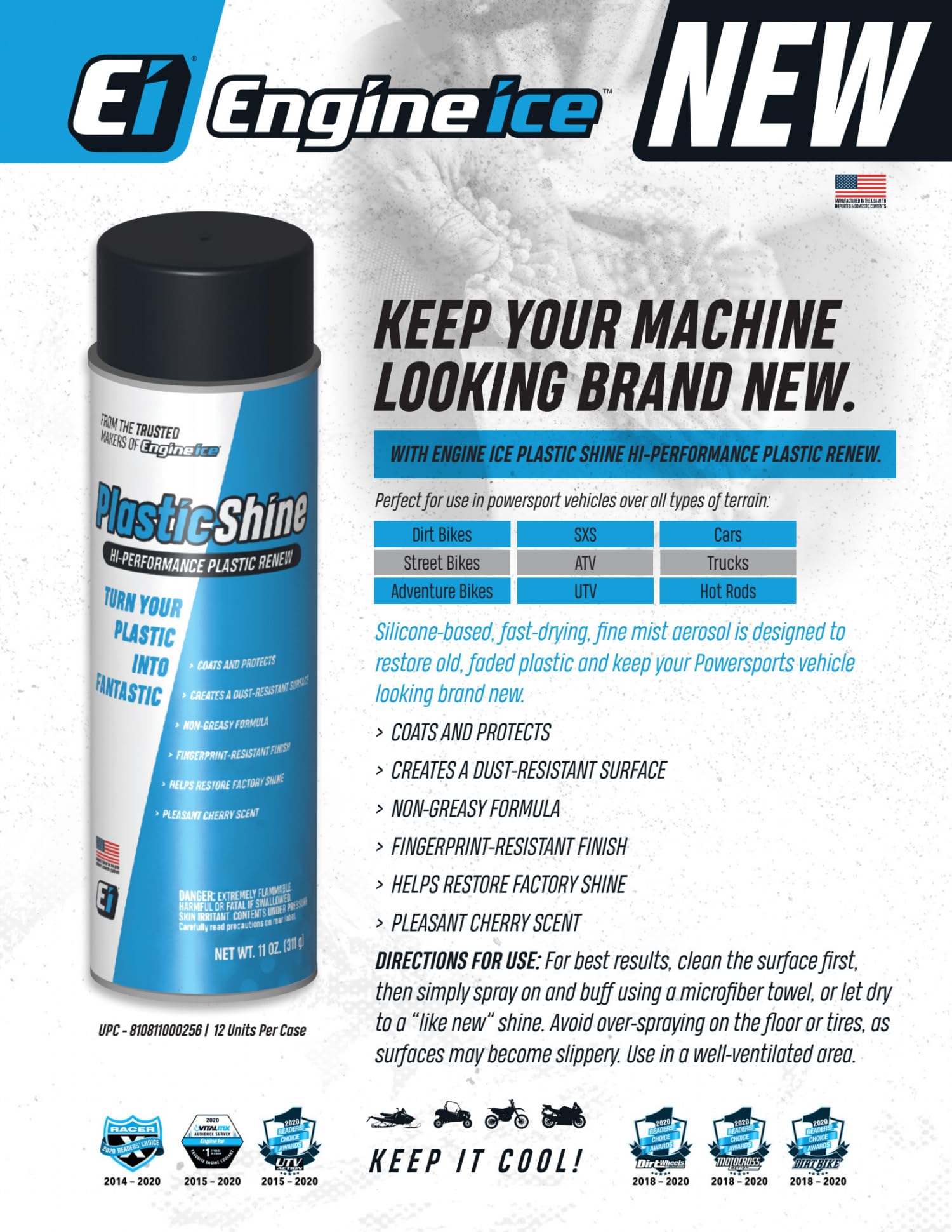 Engine Ice Plastic Shine 11oz High Gloss Coating & Protectant - Brightens, Restores Plastics, Fiberglass, Painted Surfaces & More - Fast Drying Prevents Corrosion, Mud & Dirt Build-Up