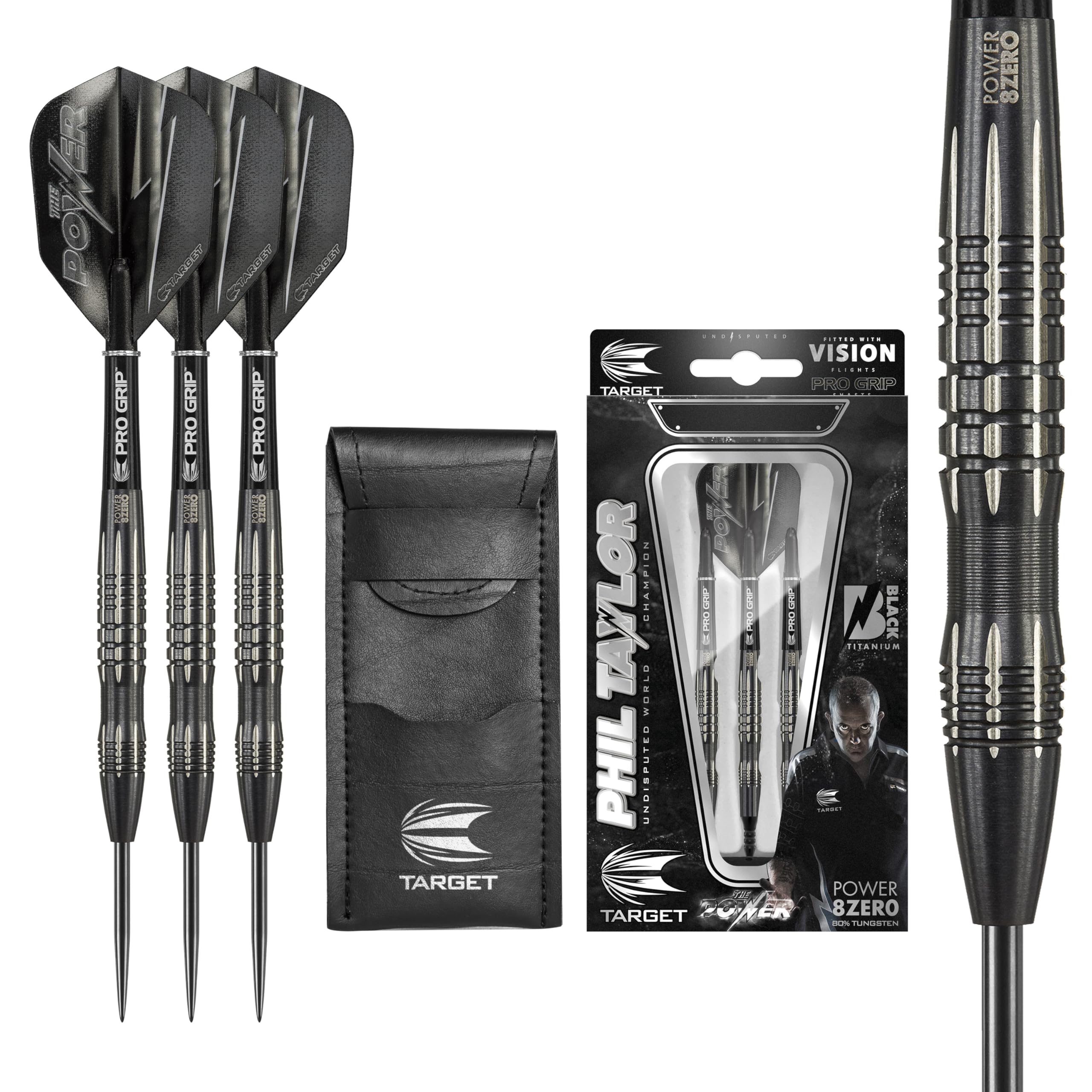 Phil Taylor Power 8-Zero Black 80% Tungsten Steel Tip Darts Set | Phil Taylor Darts, Player Edition Set | Pro Darts Accessories, Professional Darts Set, Dart Case Included | 21G/22G/23G/24G/25G