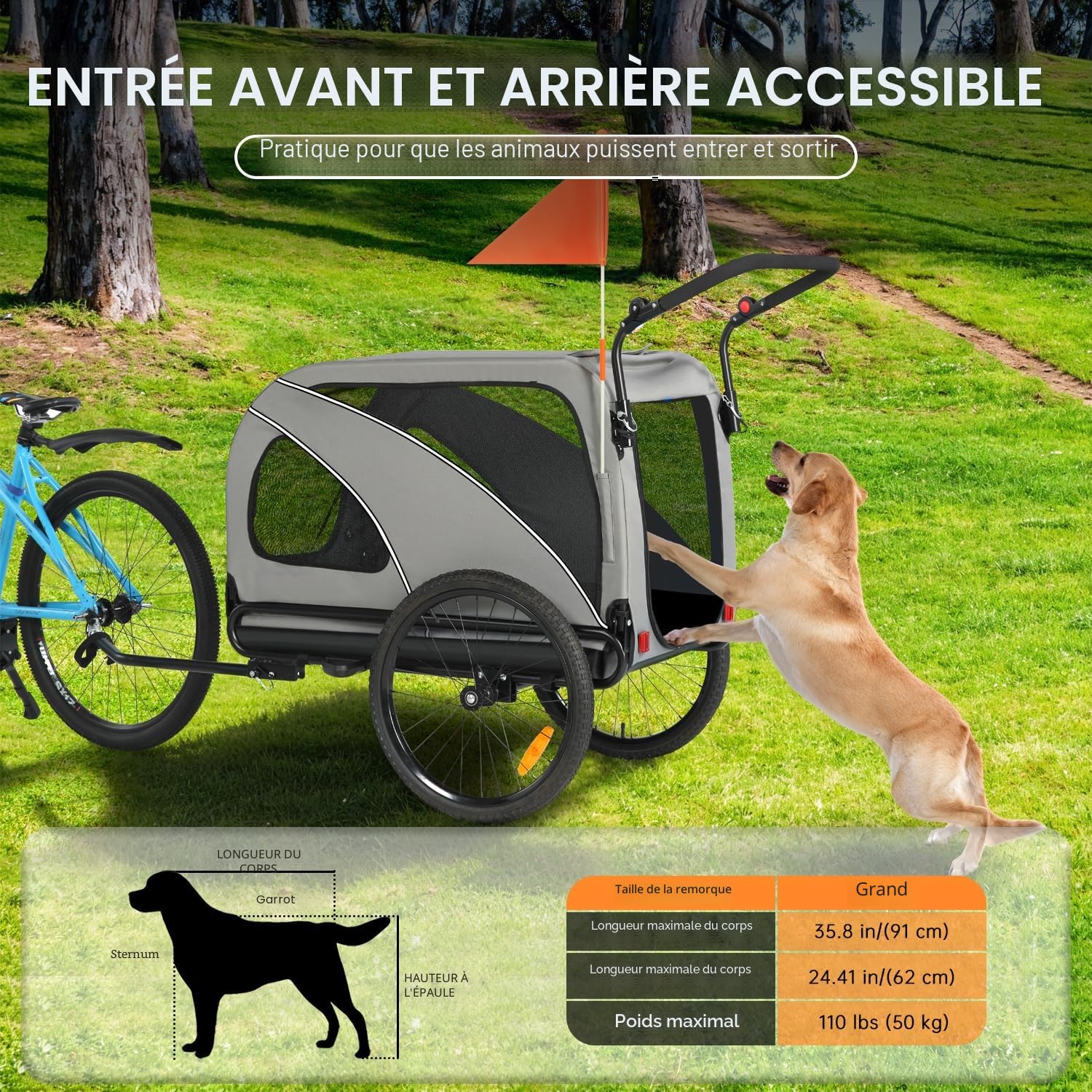SEPNINE 2-en-1 XXL Remorque de Vélo pour Chien avec Ouverture de Toit, Réflecteurs et Bandes Réfléchissantes, avec attelage de vélo Universel, Cordes de Sécurité, Pliable, jusqu'à 50kg