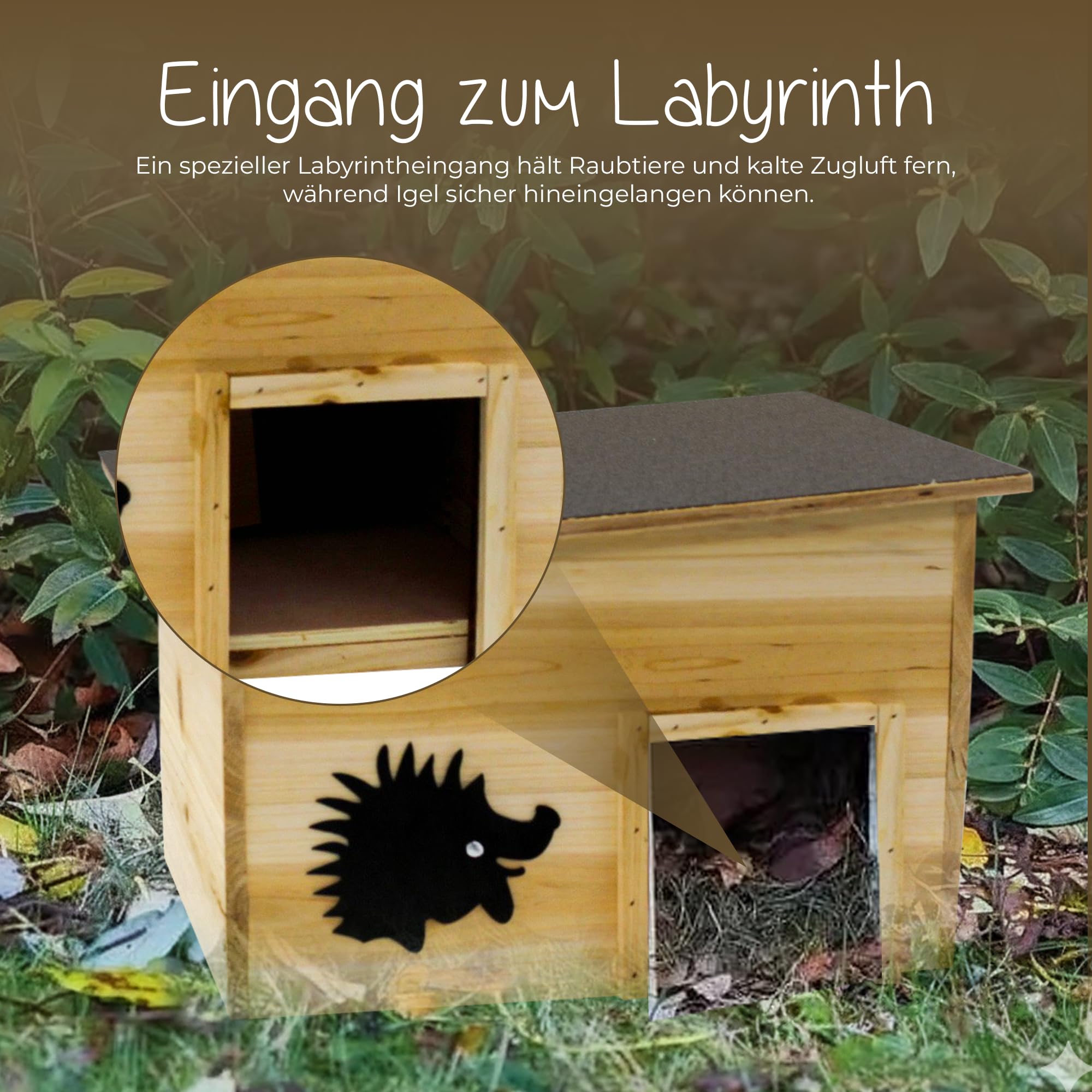 Igelhaus Winterfest mit Boden 40 x 32 x 24 cm, Winterfestes Igelhaus Bausatz, Futterhaus Igel Schlafhaus, Hedgehog House mit Labyrintheingang, Igelhäuser, Igelhöhle