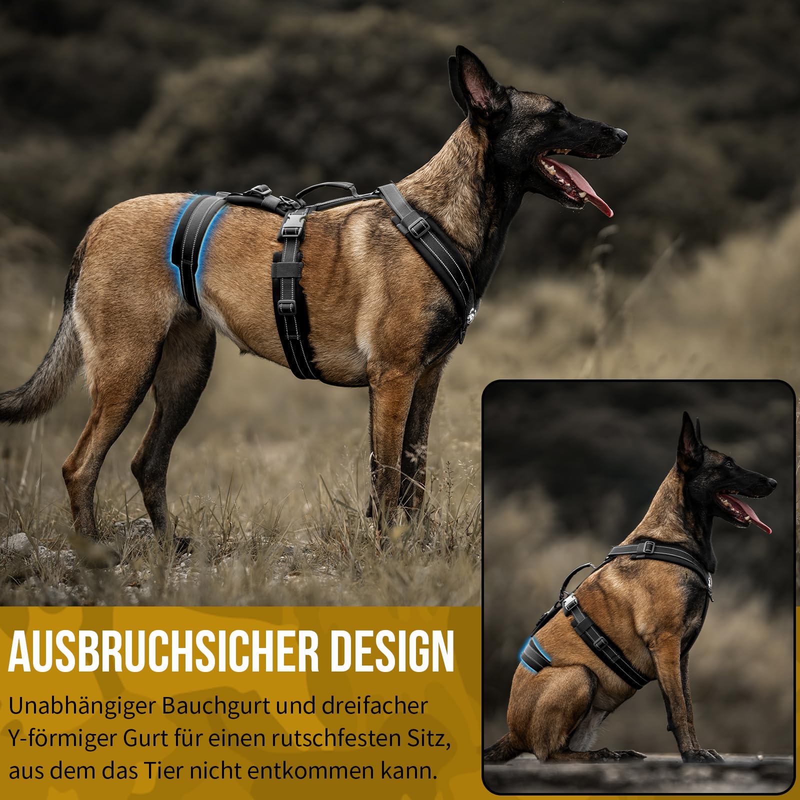 OneTigris Hundegeschirr, HOUNDLOCK Taktisches Geschirr Ausbruchsicher Einstellbar Weich Gepolstert Brustgeschirr mit 1 Griff, 2 D-Ringe und Reflektierend (Schwarz, M)