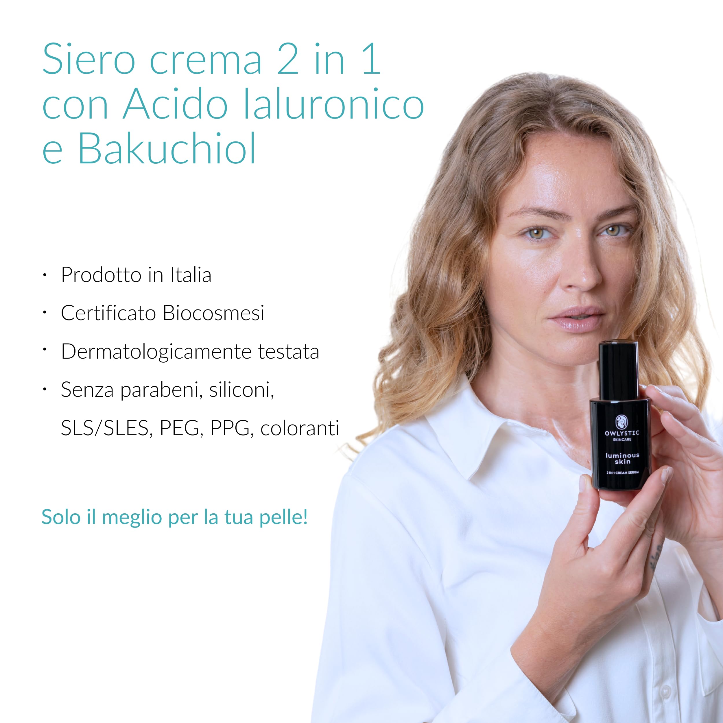 2in1 Bakuchiol Siero Crema Viso con Acido Ialuronico e Aloe Vera MADE IN ITALY - Alternativa Naturale Vegana al Retinolo Viso - Stimola Produzione Collagene e Antirughe - Per ogni Pelle OWLYSTIC 50ml