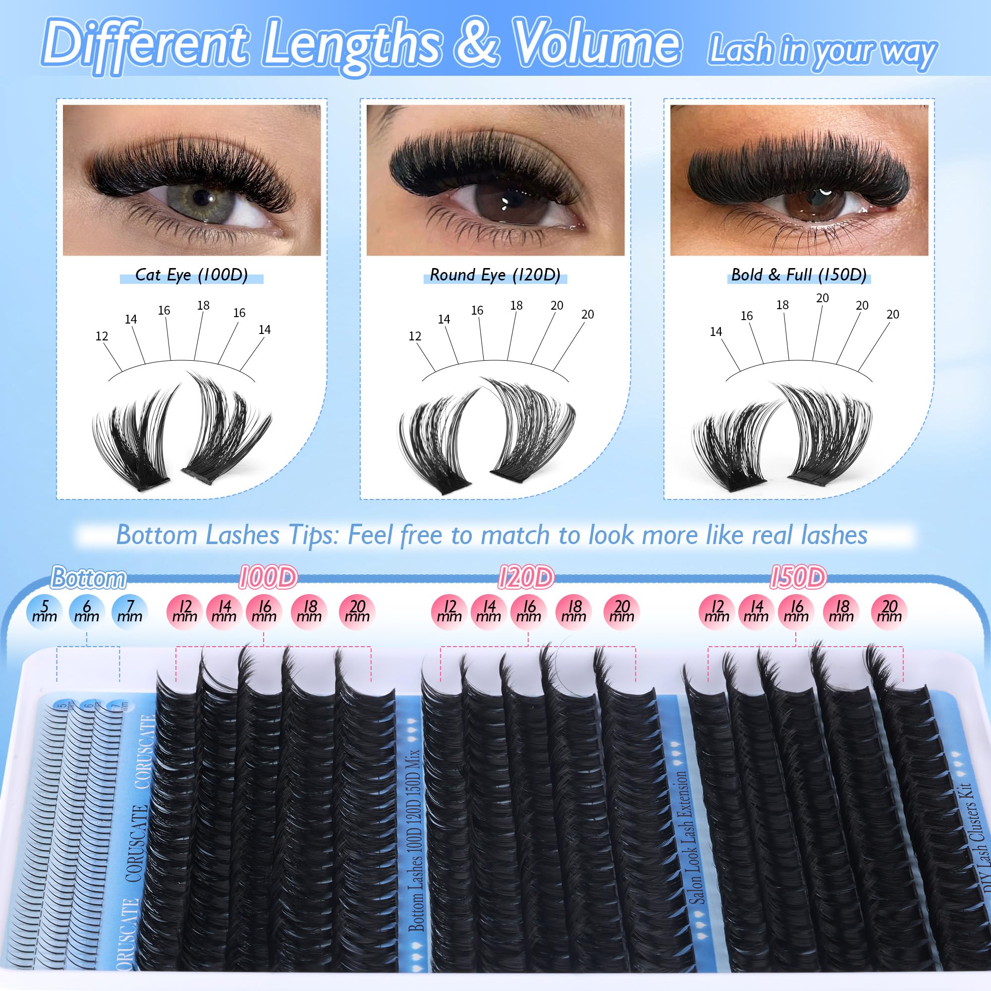 CORUSCATE Brown Lash Clusters with Spikes 60D80D Cluster Eyelash Extensions 12-22mm DIY Spiky Individual Lashes Mega Eyelash Clusters Volume Mink Strip Cluster Lashes
