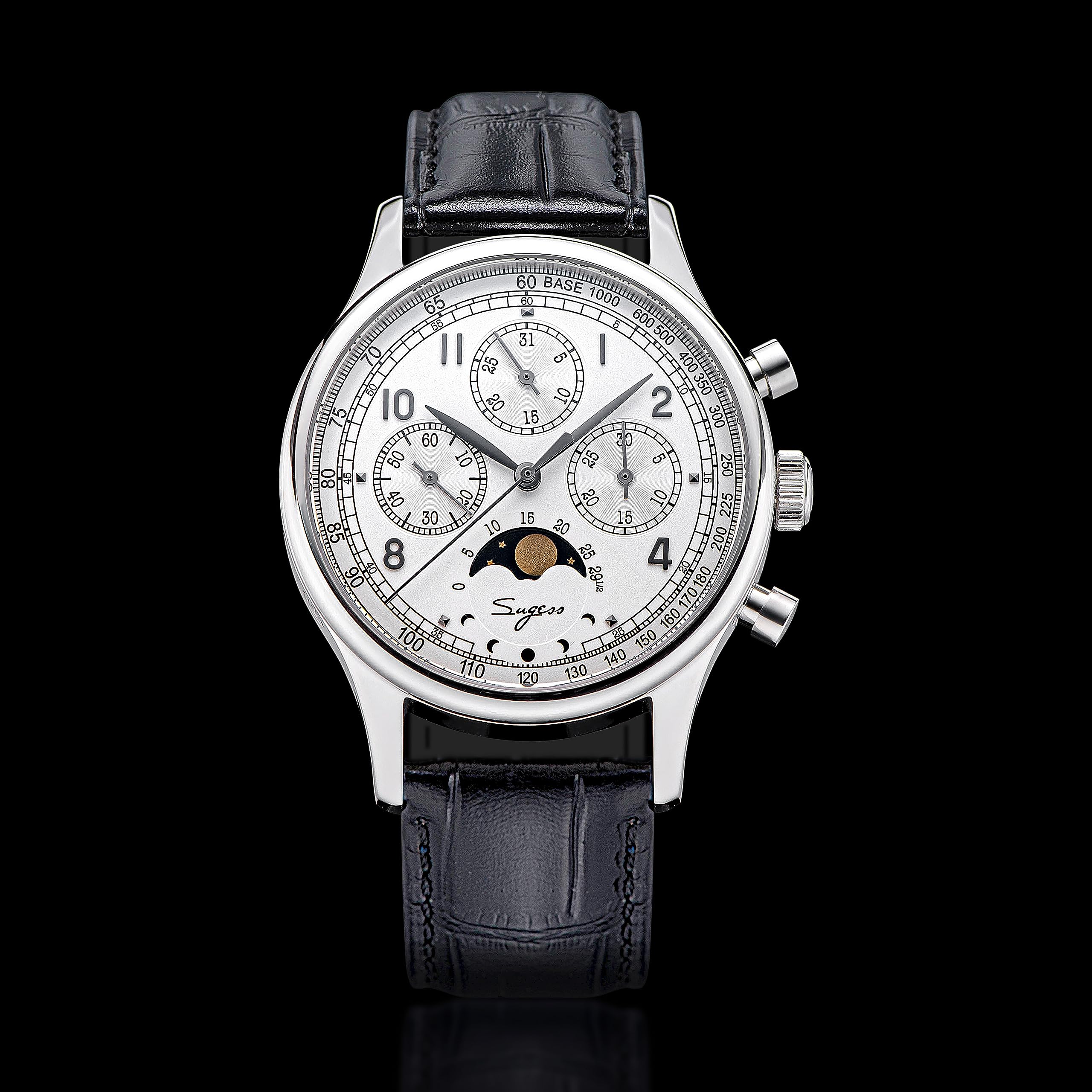 S389-2.01 MoonPhase Master Gold Schwanenhals Version Möwe ST1908 Uhrwerk Saphirglas Herren Chronograph Mechanische Herrenuhr 1963, weiß, Armband