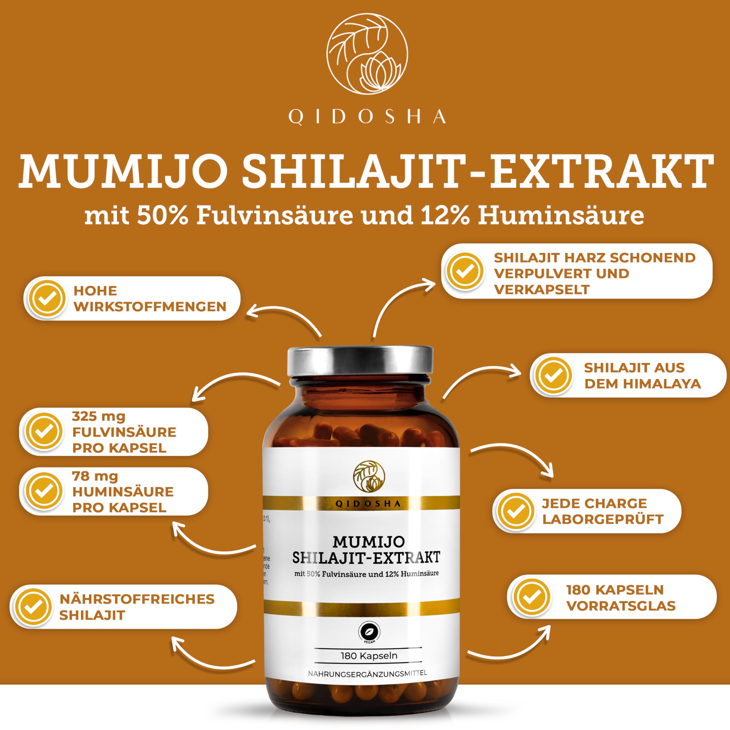 QIDOSHA® Mumijo Shilajit, hochdosiert: 13.000 mg Shilajit pro Tag (10:1 Extrakt), Original Himalaya, 50% Fulvinsäure, 12% Huminsäure, 180 Kapseln, deutsche Fertigung, jede Charge laborgeprüft