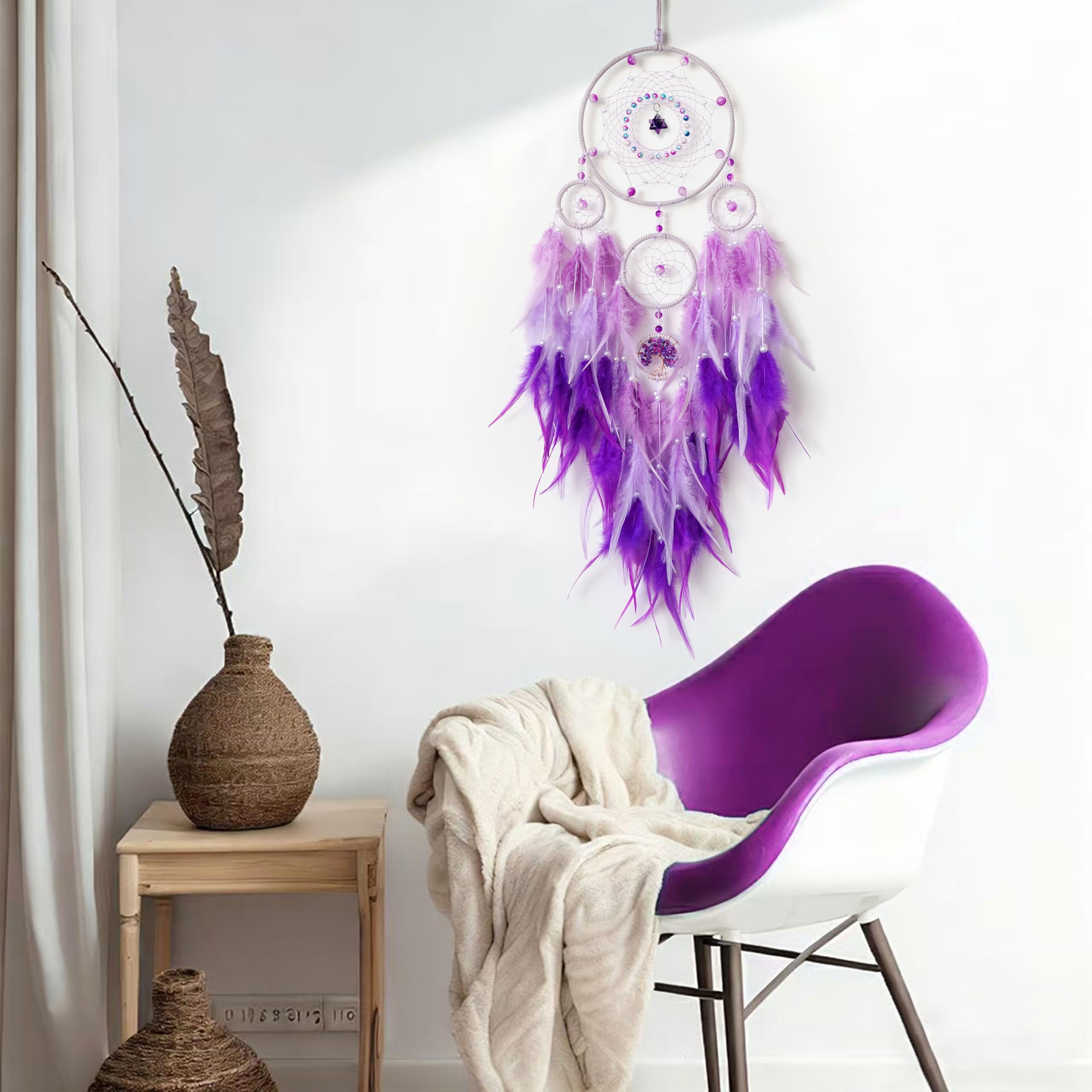 Traumfänger, großer Traumfänger, Baum des Lebens, Wanddekoration, für Erwachsene, lila, Boho-Traumfänger, Wanddekoration mit Edelstein, Hängeornament, Mädchen, Wohnheim, Raumdekoration