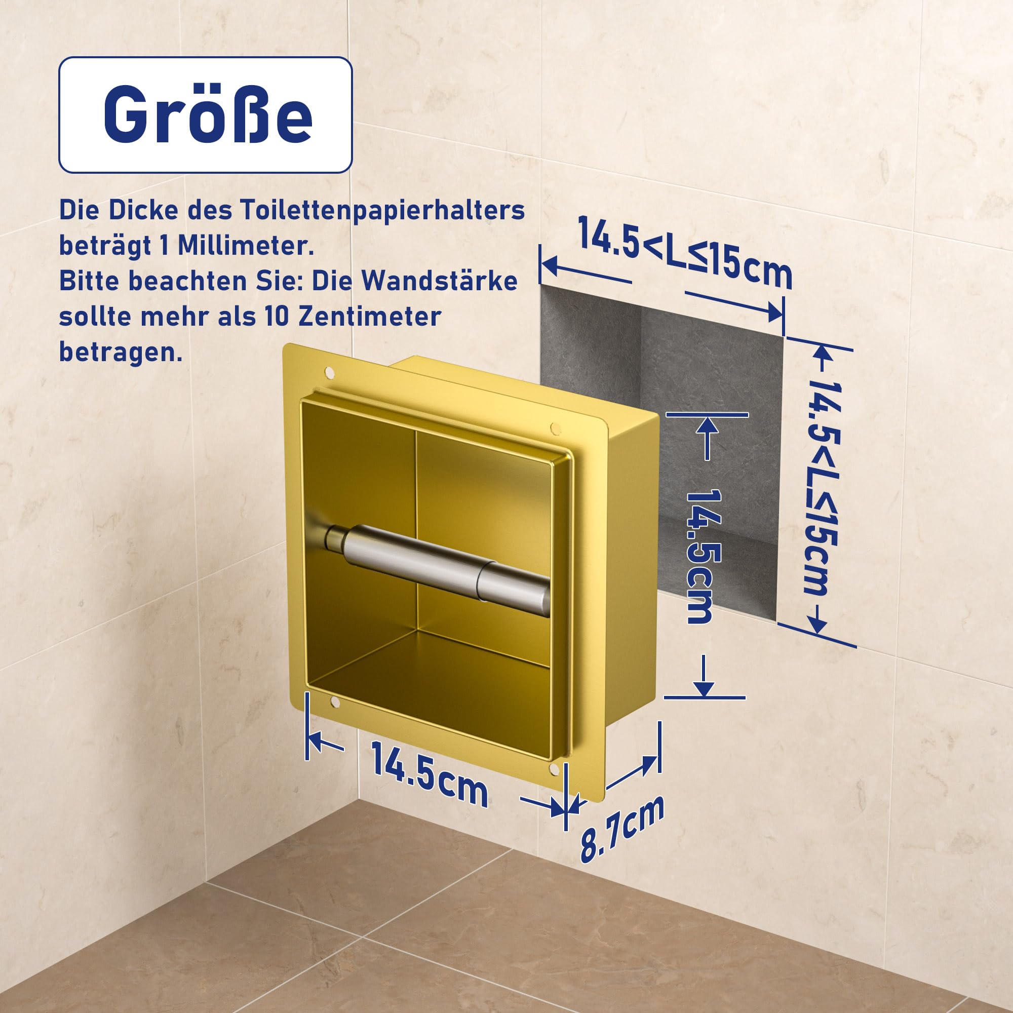 Unterputz Toilettenpapierhalter Edelstahl, WC Toilettenpapierhalter für das Badezimmer Halterung, 14.5×14.5×8.7cm, Klopapierhalter für die Renovierung und den Ausbau des Badezimmers,Golden