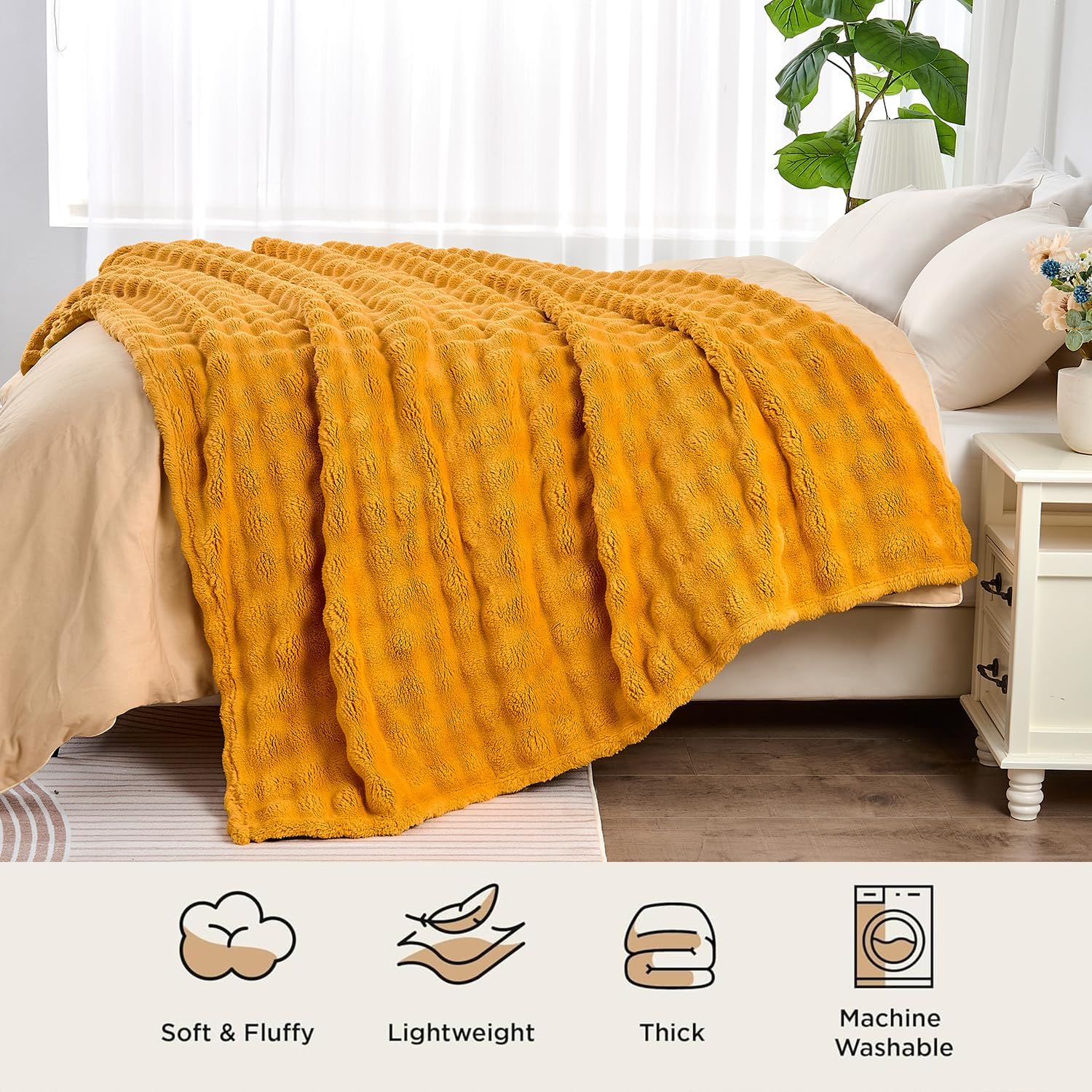 Wajade Soft Fleece Throw Blanket for Couch, 60x80 Inches 3D Bubble Decorative Cozy Fuzzy Flannel Blanket, Lightweight Warm Blanket for Bed Office, Mustard Yellow - Image 7