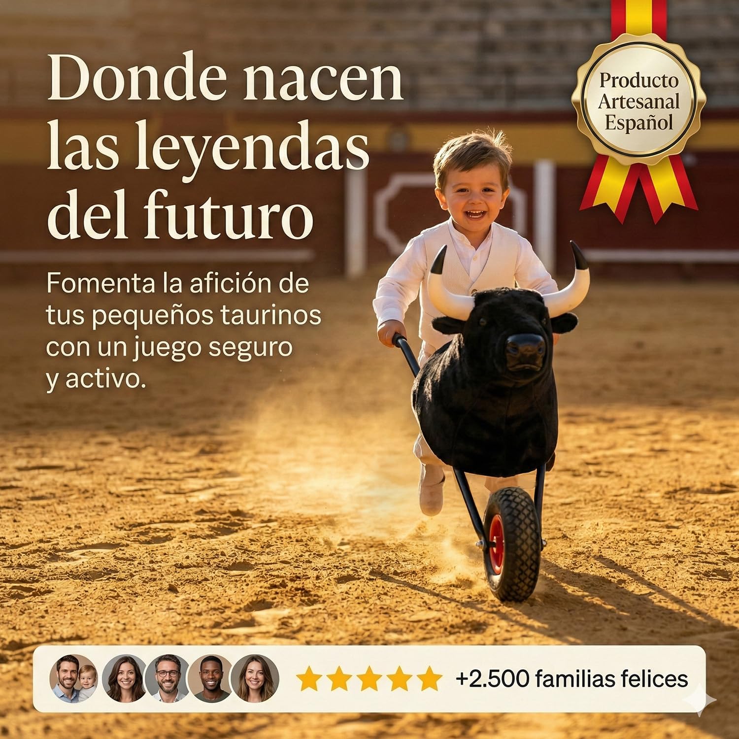 Carretón Taurino Infantil de Hierro con Cabeza de Toro, Juguete Tradicional para Encierros Infantiles, Carretón Ligero y Resistente para Niños de 2 a 5 Años, Rueda Antipinchazos, 87 x 45 x 60 cm