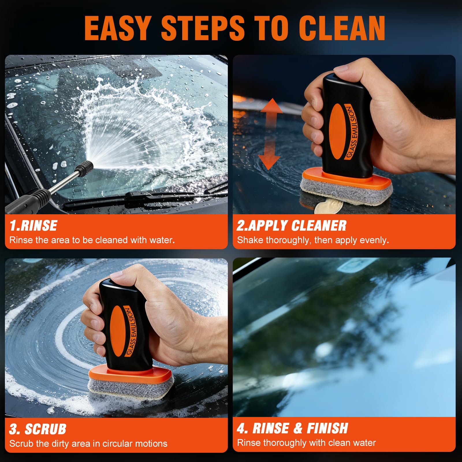 Glass Emulsion Cleaner & Glass Oil Film Remover for Cars – Roll-On Glass Guard with Brush, Removes Oil, Grease & Fog, Anti-Fog Windshield Cleaner for Clear Driving Visibility (Orange) — view 6