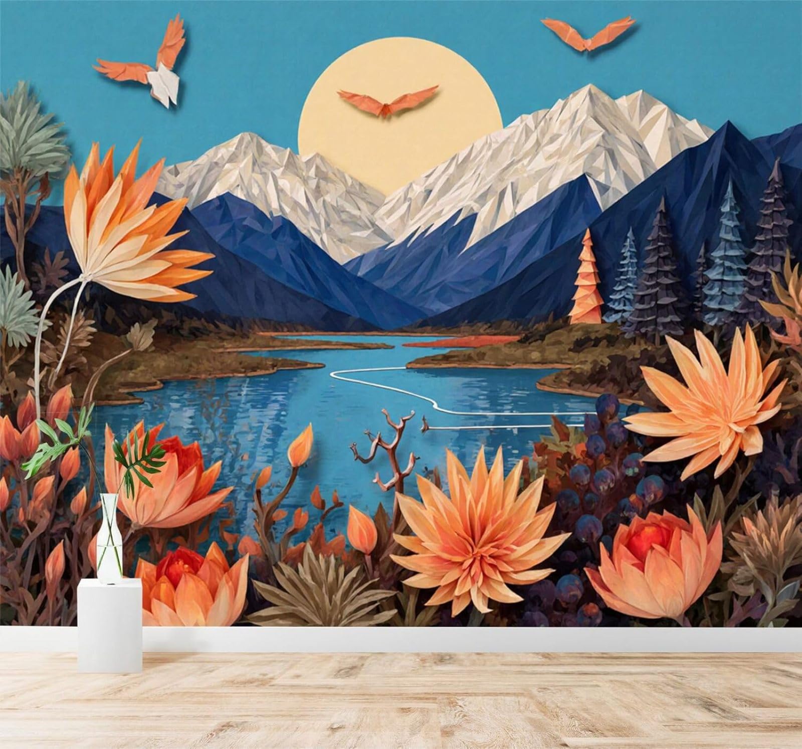 3D Papel Pintado Montañas Geométricas Lago Bajo El Sol Flores Naranjas